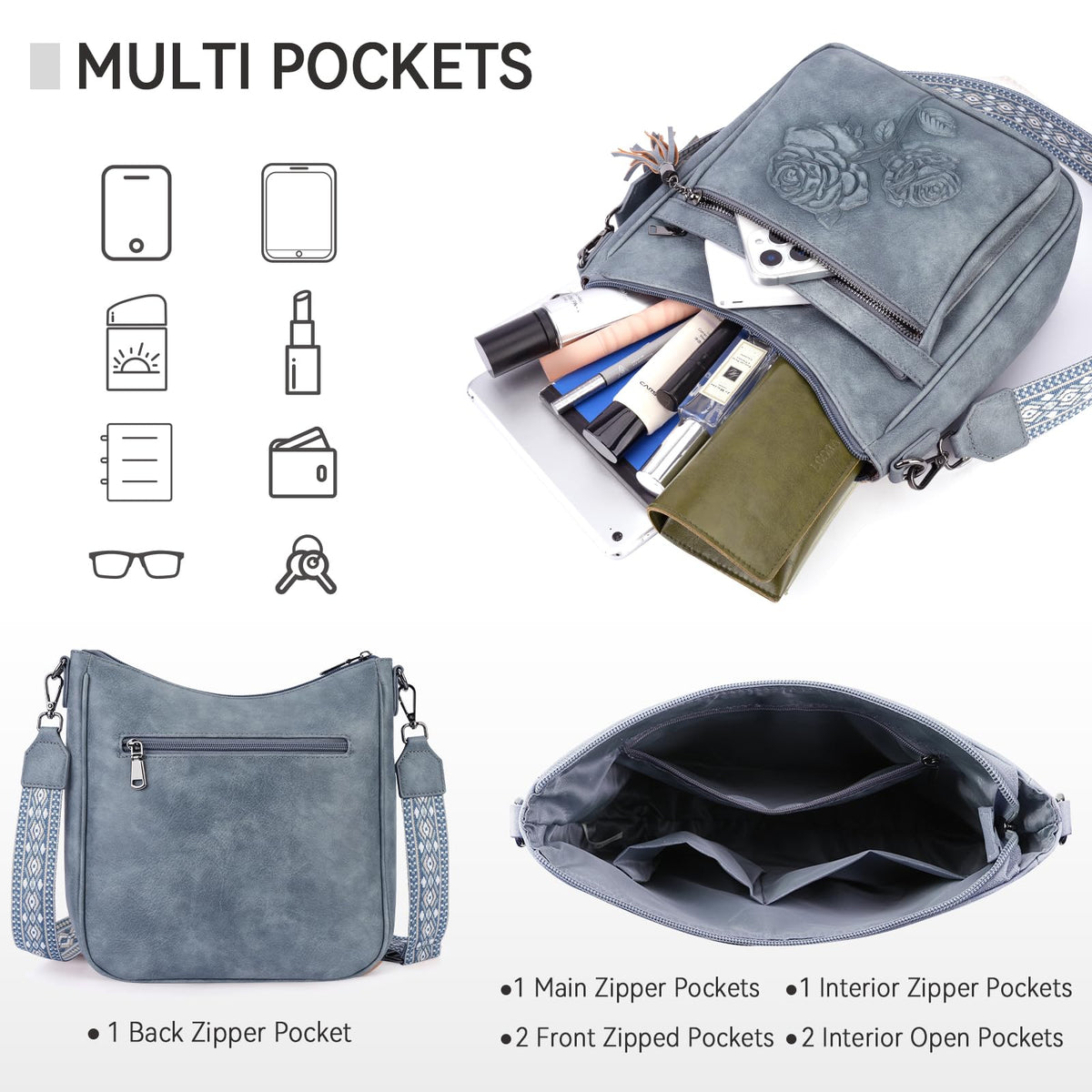 VIMUTI Crossbody Bags for Women Trendy Vegan Leather Hobo Purses for Women Embossed Flower Shoulder Handbags Bucket Bag (01-Blue)