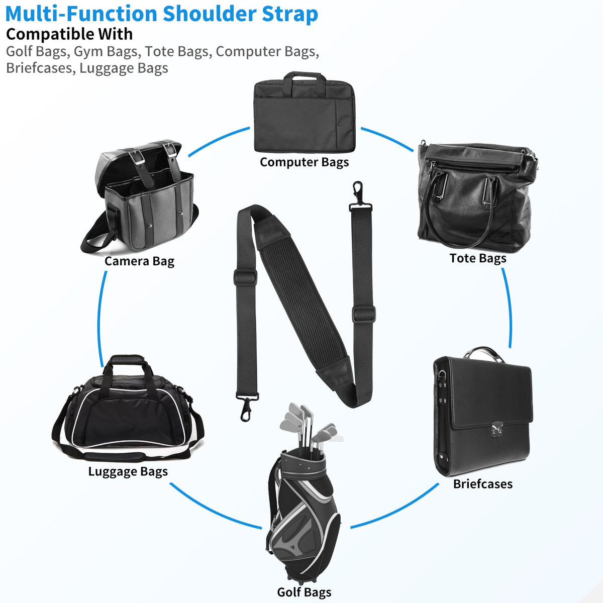 FIEIL 67" Universal Shoulder Strap, Mesh Thick Padded Bag Strap with Double Adjustable Buckles and Metal Hooks, Ideal for Briefcases, Computer Satchels, Crossbody Bags, Luggage(Breathable)