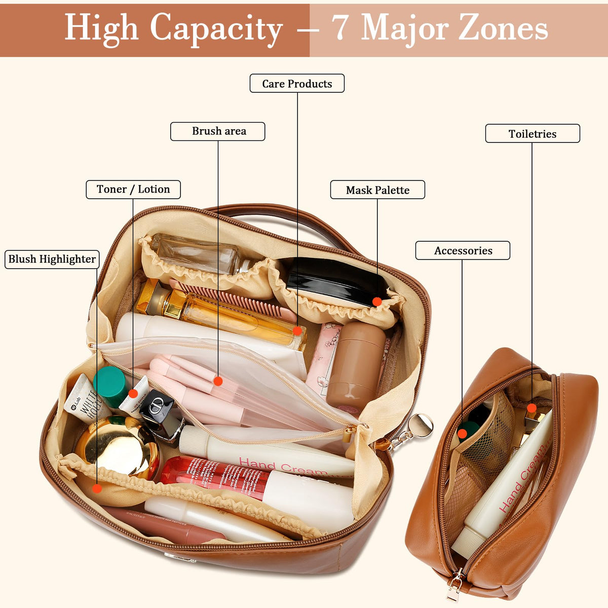 CLOUDWINGS Birthday Gifts for Women Teen Girl, Personalized Initial Makeup Organizer Bag Set, Open Flat Travel Cosmetic Bag With Clear Divider and Handle(Brown,S)