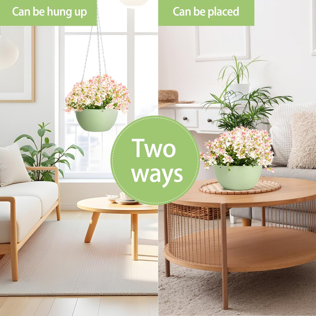 XXXFLOWER Hanging Planters 2 Pack Hanging Baskets Plastic Flower Pot with Drainage Hole & Chain & Hook,Hanging Flower Baskets for Indoor and Outdoor Plants,Home Wall Boho Decor（Green）
