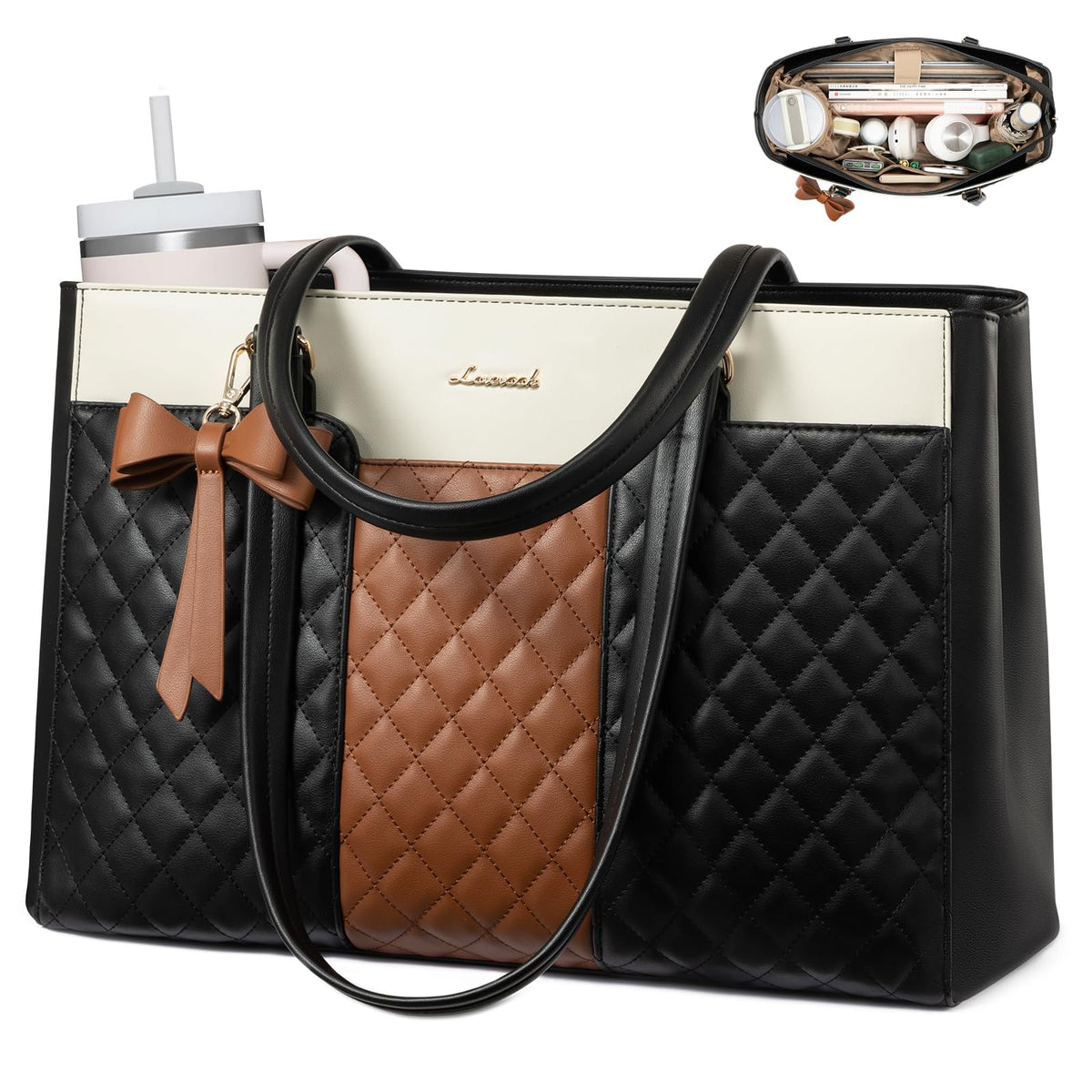 LOVEVOOK Laptop Tote Bag for Women,15.6 Inch Work Bags PU Leather Teacher Tote Bag,Waterproof Quilted Computer Bag for Office Professional Briefcase Gifts