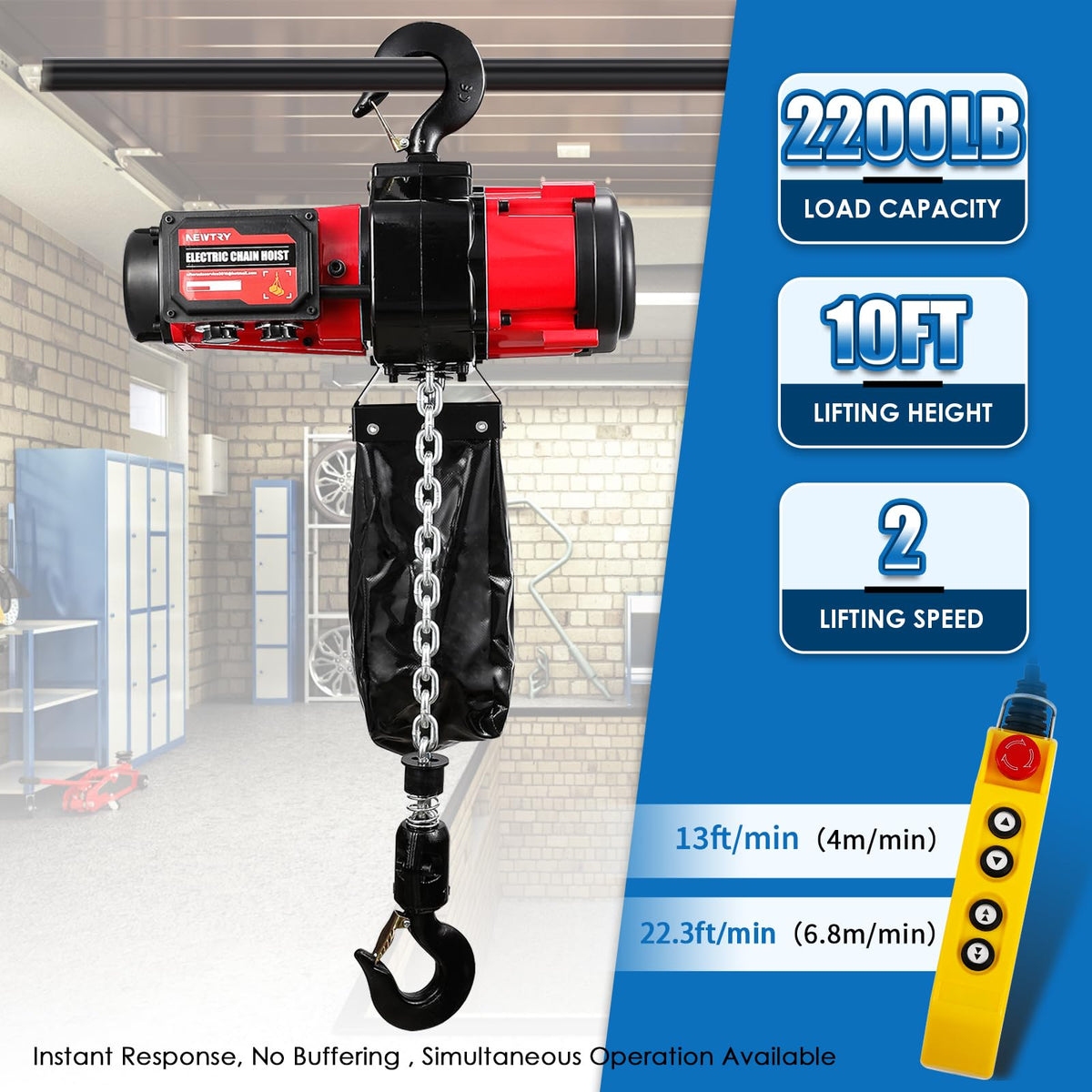NEWTRY 2-Speed Electric Chain Hoist 2200lb, Pendant & Remote Control, 13ft/min & 22.3ft/min Brushless Overhead Crane Lift, G80 10ft Lifting Height Power Electric Hoists 110V