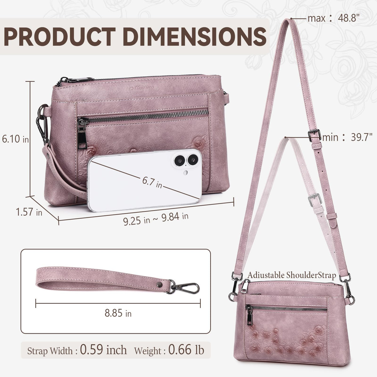 MEITRUE Wristlet Wallets Clutch Purses for Women - Rose Embossed Vegan Leather Small Crossbody Bag Mini Cell Phone Wallet Purse with Adjustable Strap & Card Pockets