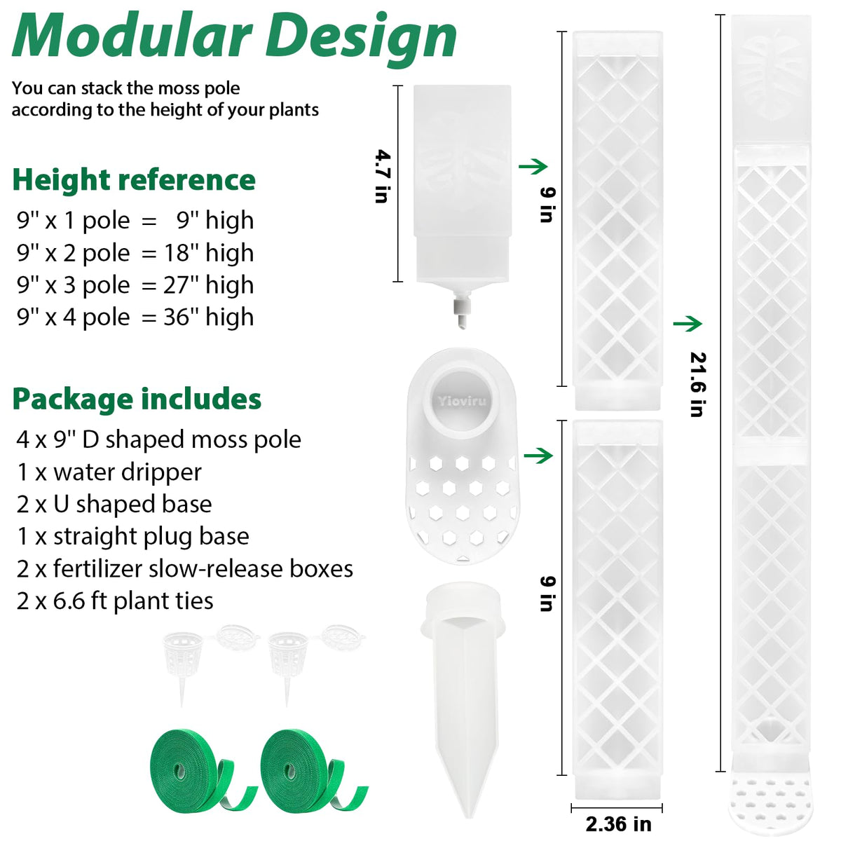 4 Psc 9 Inch D Shaped Moss Pole with Watering Dripper, Plastic Moss Poles for Climbing Plants, Sturdy Monstera Plant Support, Self Watering Moss Pole Kit for Plants Indoor(White)
