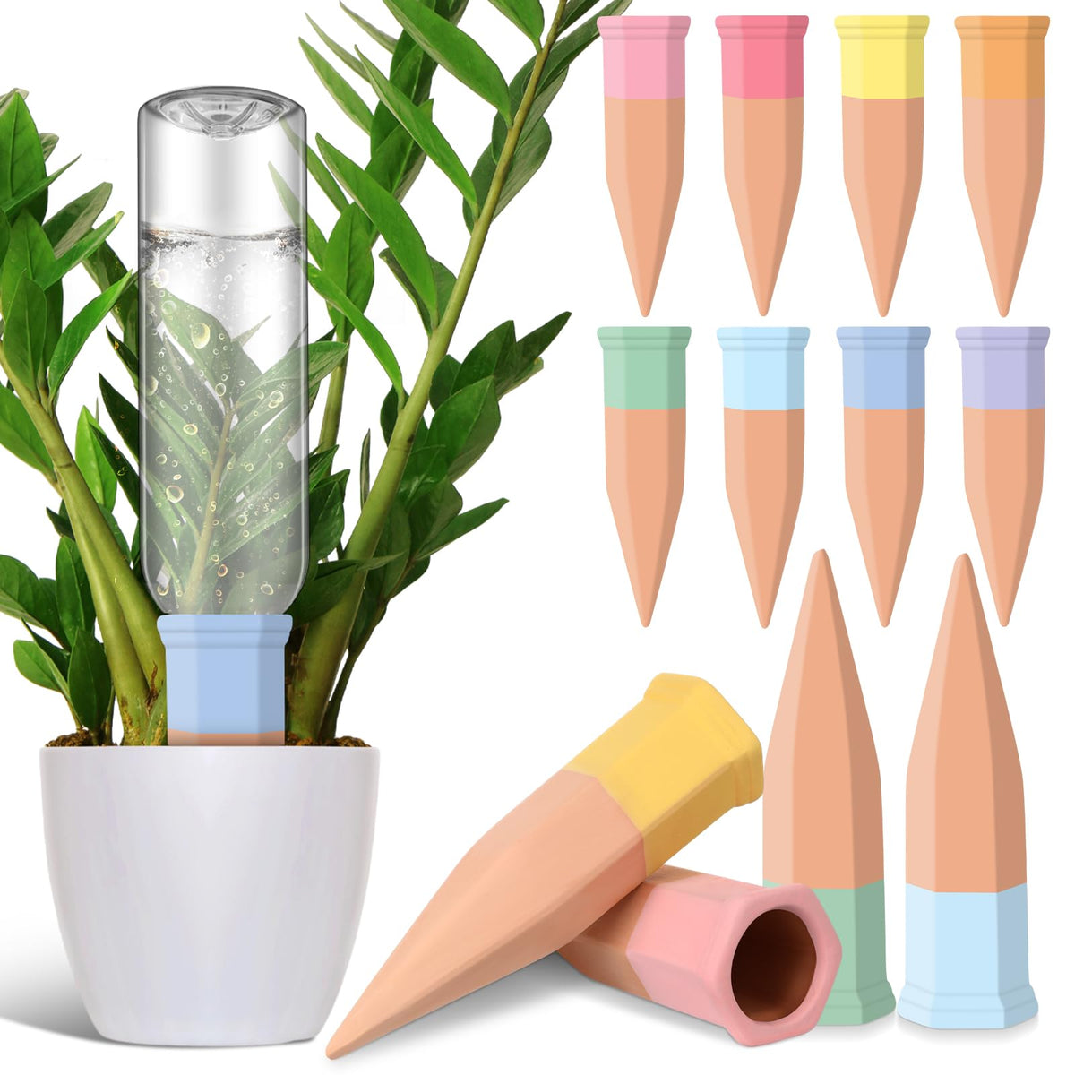 DoubleFill 8 Pcs Terracotta Plant Watering Spikes Self Watering Planter Insert Automatic Plants Waterer Devices 8 Colors Slow Release Stakes for Indoor Outdoor Vacation