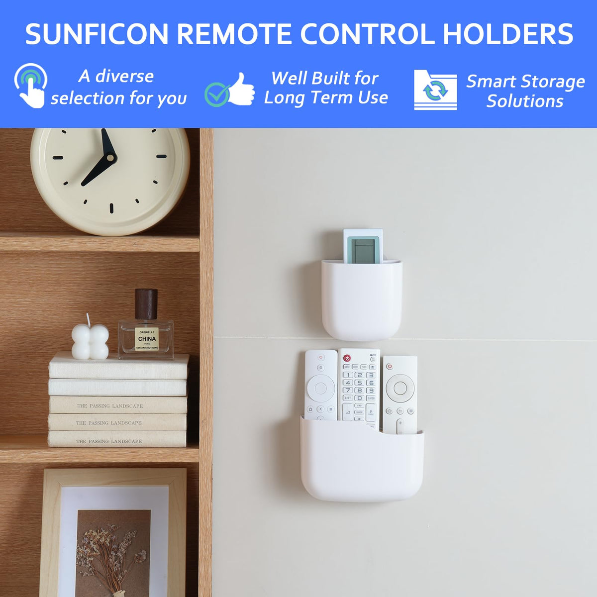 Remote Holder Wall Mount TV FAN Remote Control Holder Bedside Caddy Wall Organizer Phone Holder for Office Adhesive Media Player Controller Holder Box Tray Home Desk Nightstand 1 BIG 2 SMALL WHITE