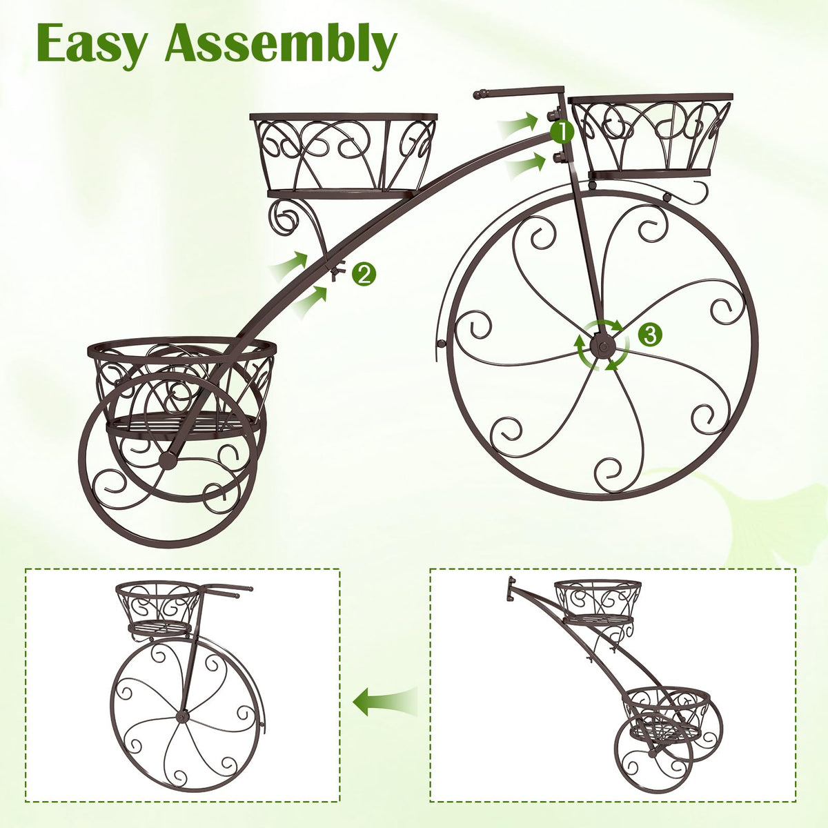Toolsempire Tricycle Plant Stand, 3-Tier Metal Plant Stand Bicycle Flower Pot Cart with Hollowed Baskets, Planter Potted Holder for Patio, Garden, Deck, Lawn (Bronze)