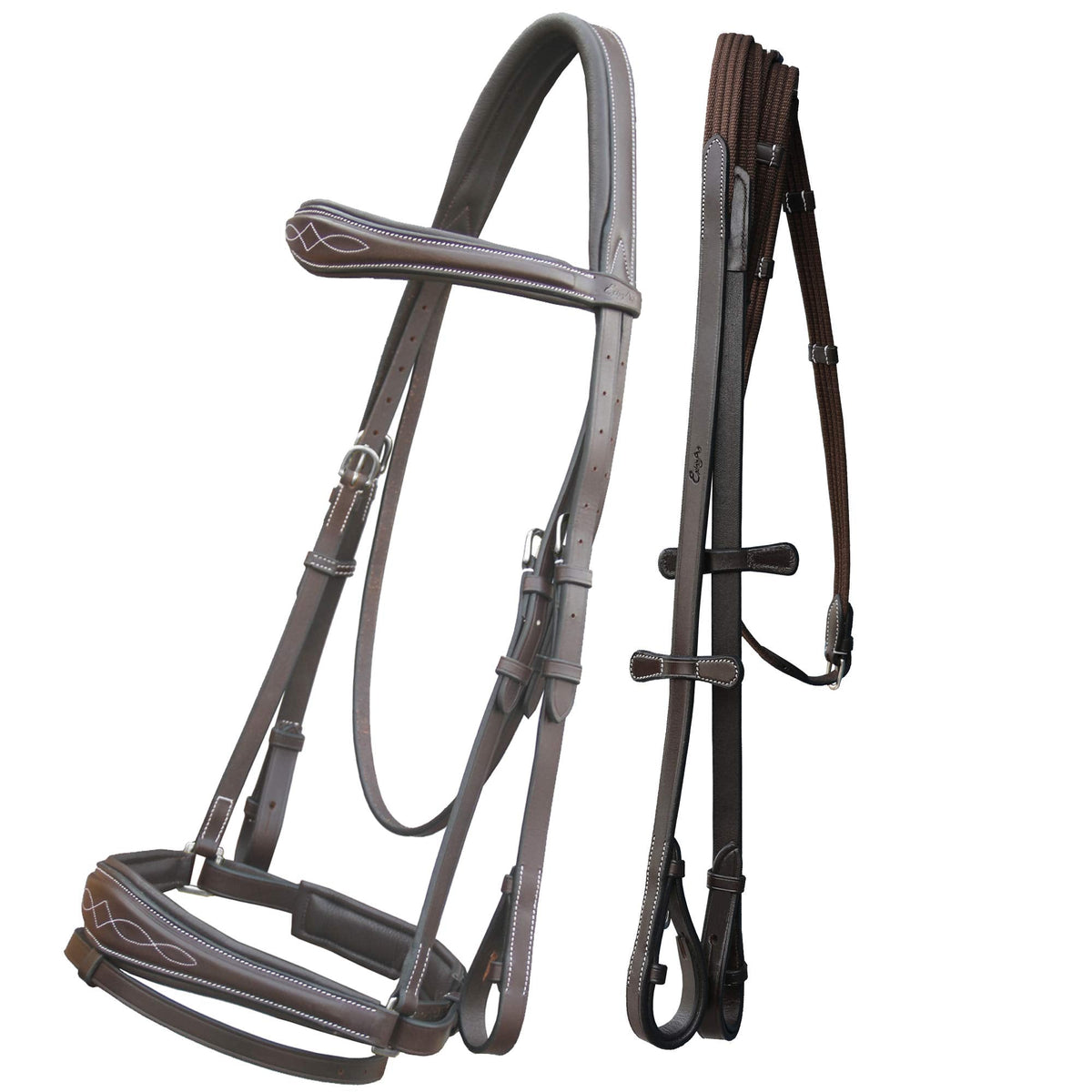 Exion Horse Dressage Bridle with Soft Padded Anatomical Crank Noseband & Reins | Fancy Square Raised Browband | Comfort Crownpiece | Premium Vegetable Tanned Leather