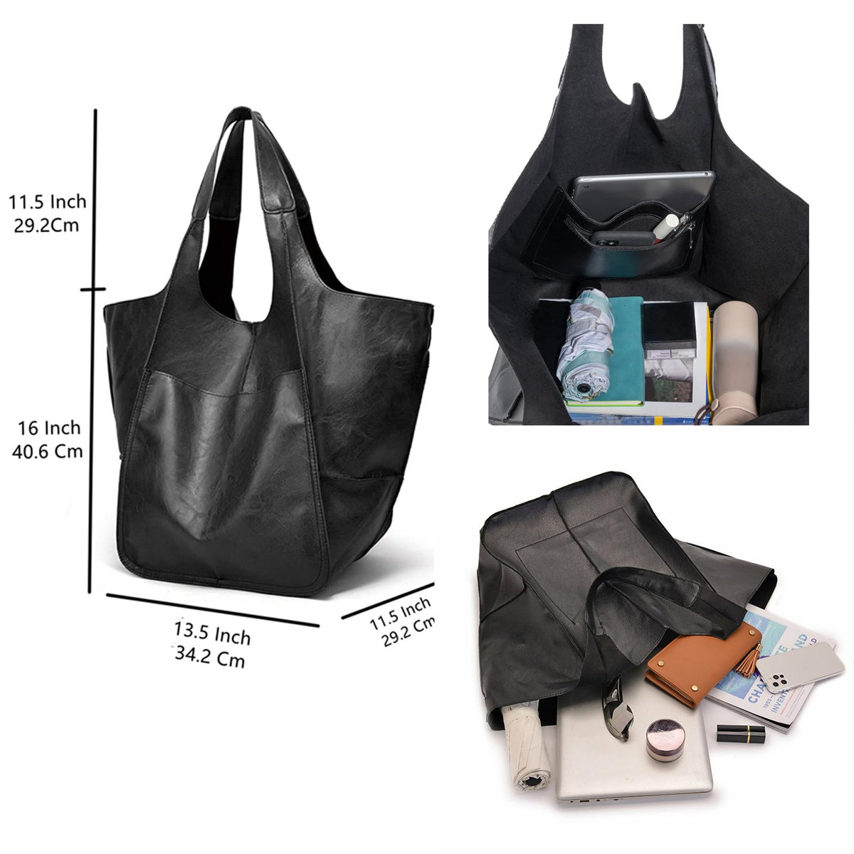 KlaOYer Oversized Leather Tote Bag Large Capacity Work Hobo Pu Leather Bucket Purse And Handbag Big Soft Travel Shopping Bag (Black)