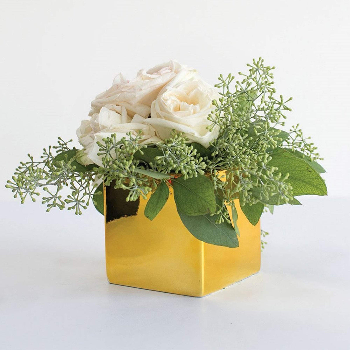 WGV Ceramic Cube Vase Width 6.5" Height 6" (Fits 6" Pot) Elegant Modern Block Square Floral Planter Terrarium Container Table Dresser for Event Accent Home Office Decor Gold 1 Piece