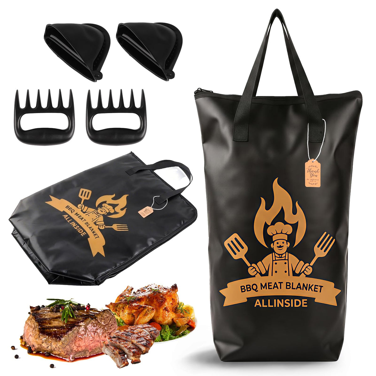 Allinside BBQ Blanket for Resting Meat - Extra Large Insulated Meat Resting Bag with 2 Meat Shredder Claws, 2 Silicone Heat-Resistant Gloves, Greeting Card & Lanyard | Reusable Grilling Accessory