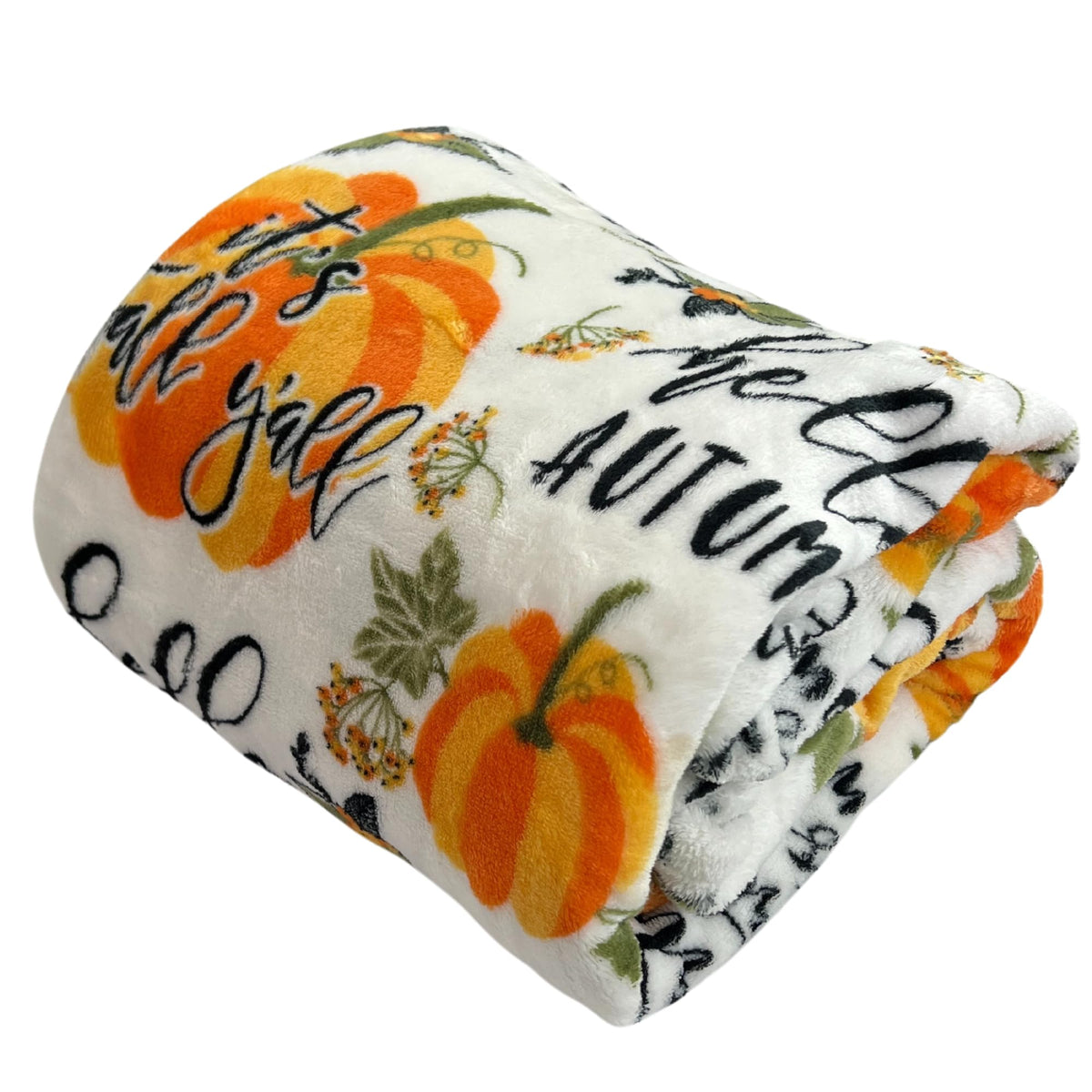 Fall Throw Blanket: Colorful Autumn Harvest Time Saying and Pumpkin Print on Soft White Velvet Fleece for Sofa Bed Couch Chair or Dorm