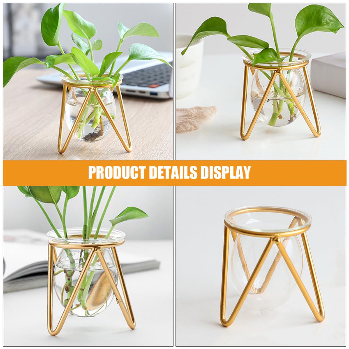 DOITOOL Hydroponic Glass Vase with Metal Stand, Small Decorative Succulent Planter Bulb, Gold Desktop Plant Container for Indoor Terrarium and Home Décor