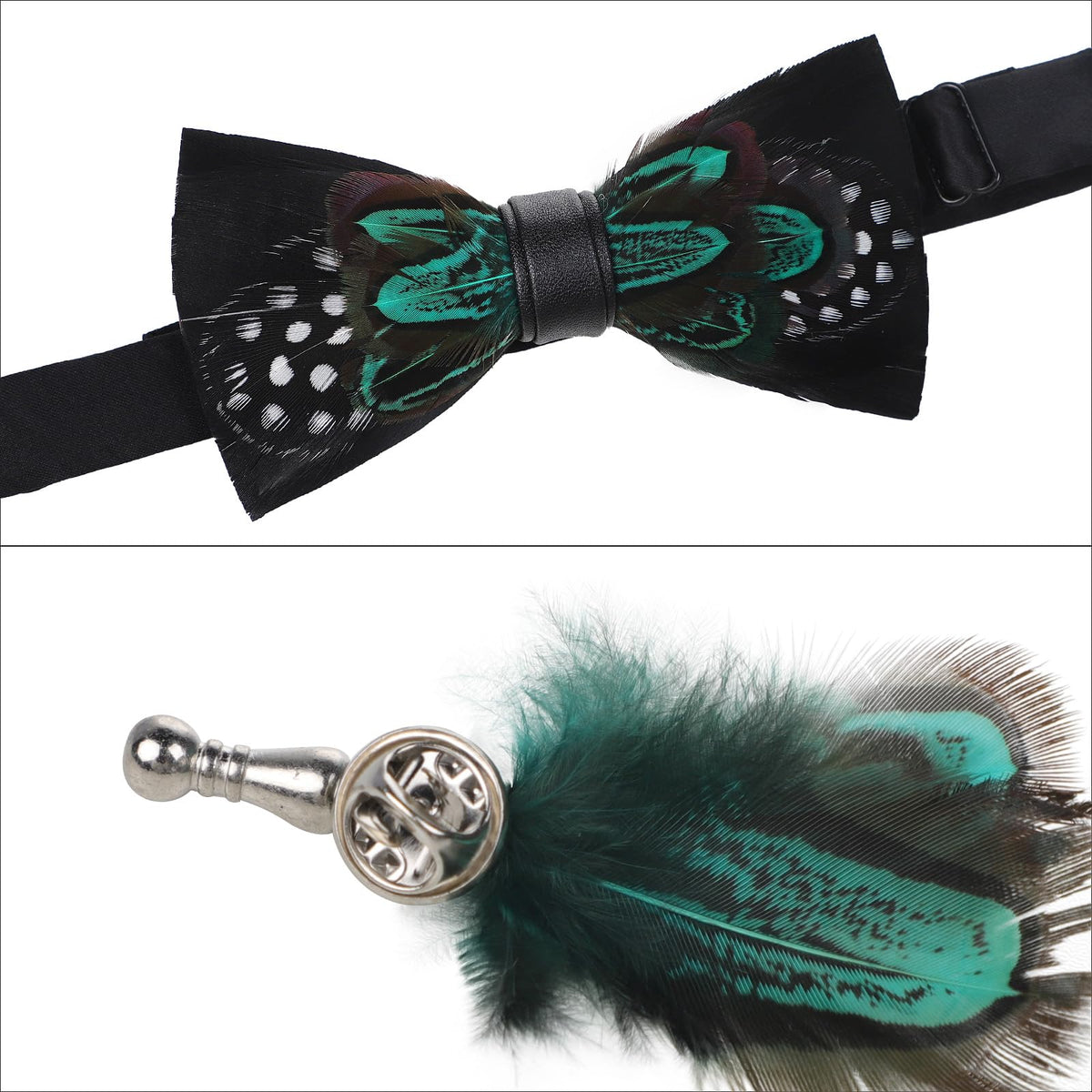 OhMill Men’s Handmade Feather Bow Tie Adjustable Leather Pre Tied Bowtie and Brooch Sets for Weddings Groom Prom Parties