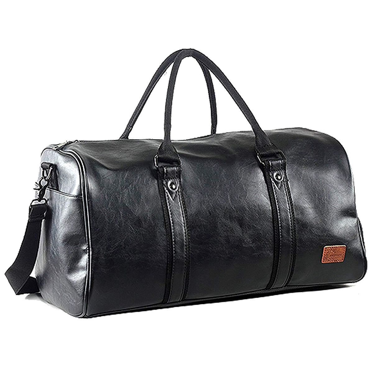 Leather Travel Bag with Shoe Pouch, Waterproof Weekender Overnight Bag, Carry On Duffel Bag for Men Women-Black