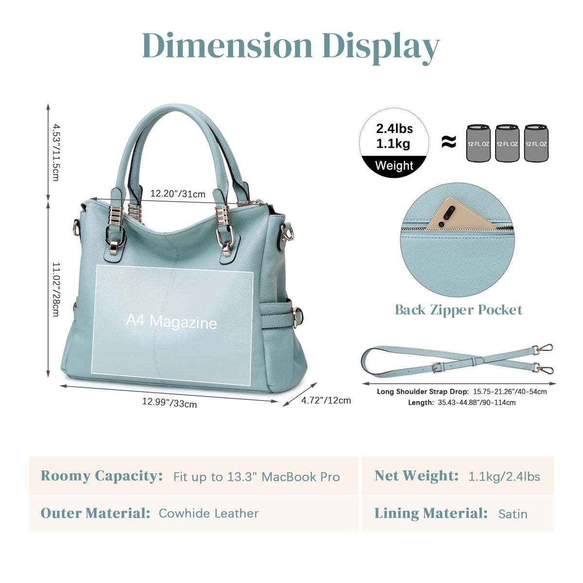 S-ZONE Women Genuine Leather Handbag Shoulder Purse Satchel Tote Crossbody Bag