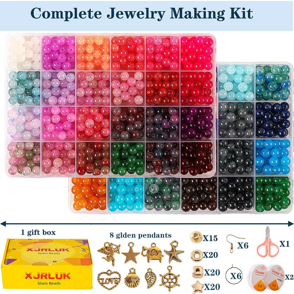 Glass Beads for Jewelry Making, 1300pcs + 8mm 48 Colors Round Crystal Glass Beads Bracelet Making Kit, Bead Starter Kit for Birthday Holiday Art Crafts Gifts