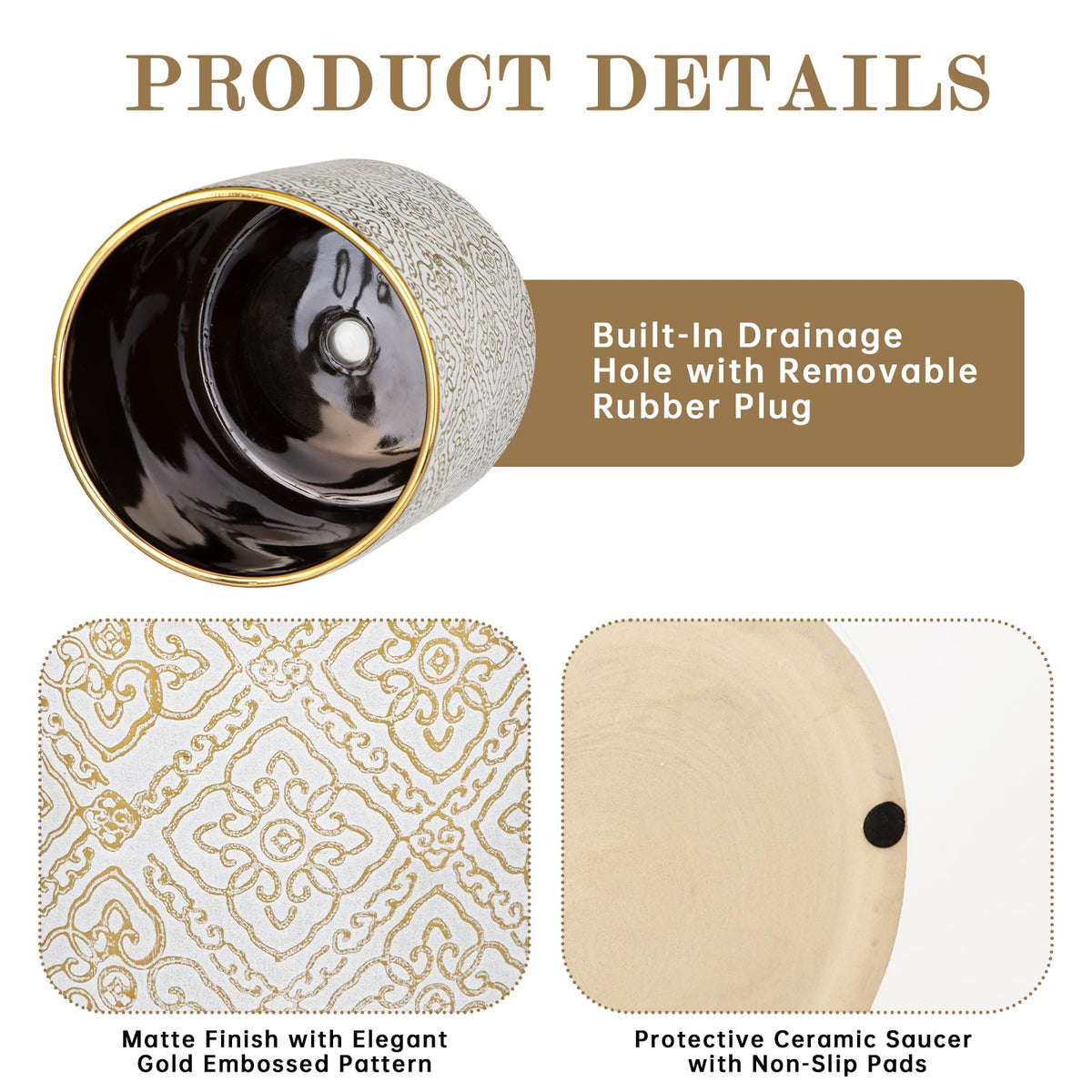 Ceramic Plant Pots with Drainage Hole & Saucer, White & Gold Ceramic Planter Pot for Indoor & Outdoor Use, 5.5" Small Plant Pots Decorative Flowerpots for Succulents, Herbs, Cactus, Orchids Planter