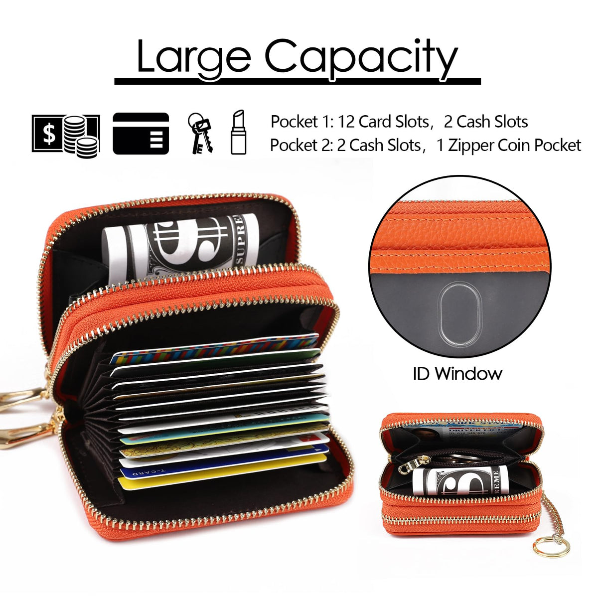 imeetu RFID Credit Card Wallet, Genuine Leather Zipper Card Case Holder with Removable Keychain(Max - Orange)