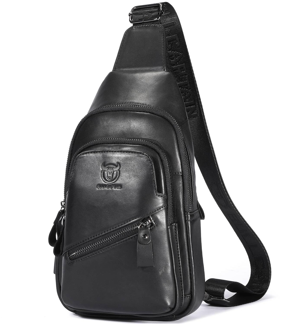 Leather Sling Bag for Men Crossbody Backpack with USB Charging Port Casual Daypack for Hiking Shoulder & Chest Bag Purse (Black)