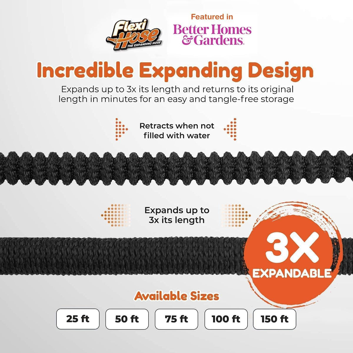 Flexi Hose Expandable Garden Hose with 8 Function Nozzle, 75FT - Lightweight Retractable Garden Hose, Water Hose - No-Kink Flexibility, 3/4 Inch Solid Brass Fittings and Double Latex Core