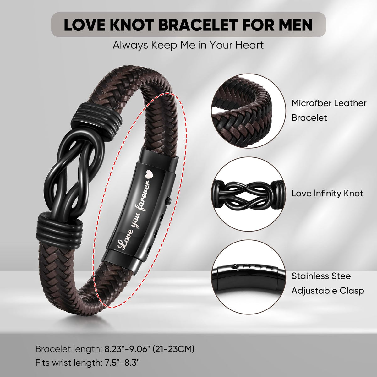 VNOX Love Knot Bracelet - Handmade Braided Leather Bracelet, Brown Leather Cuff, Infinity Knot Gift for Men, Husband, Boyfriend