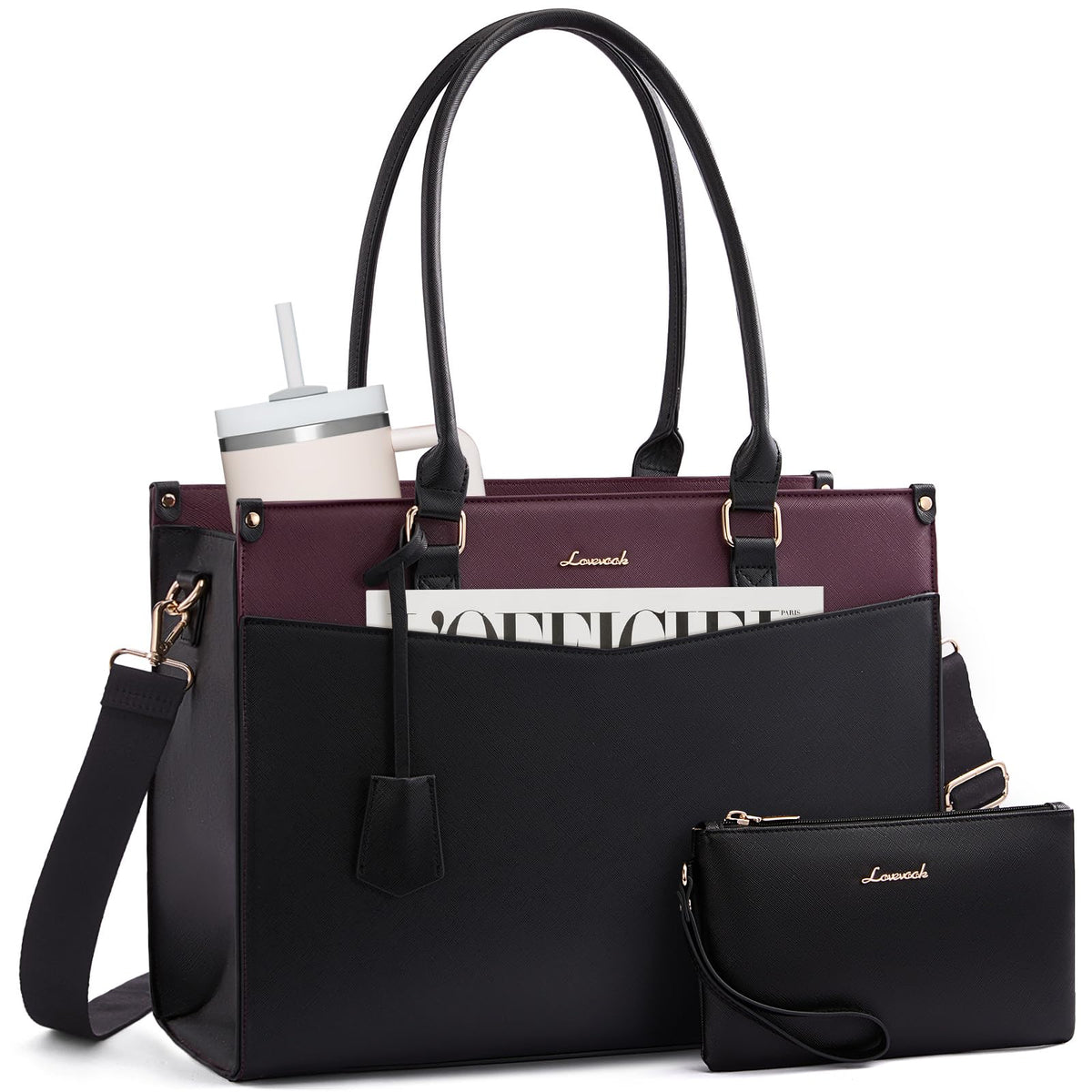 LOVEVOOK 17.3 inch Laptop Bag for Women, 2-in-1 Multi-Pocket Leather Tote Purse with Elegant Clutch & Cup Holder, Waterproof Structured Large Capacity Work Briefcase for Office Travel, Wine Red-Black