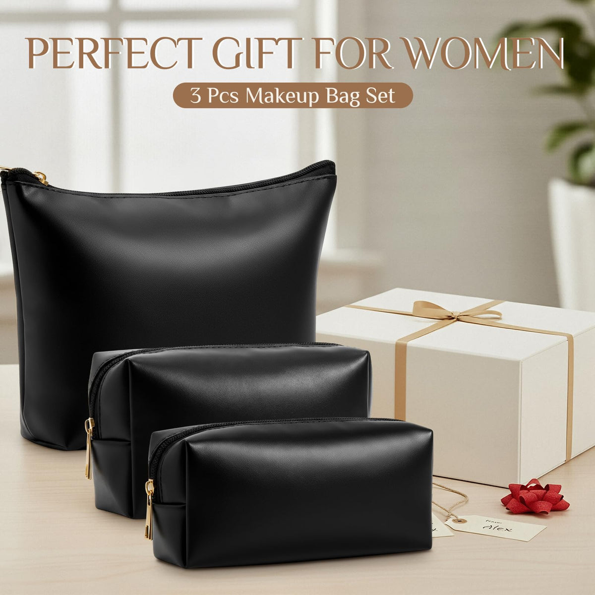 Kigeli 3 Piece Leather Makeup Bag Set Graduation Women Gifts PU Leather Makeup Toiletry Bag Bridesmaid Cosmetic Pouch Small Aesthetic Travel Purse for Wedding Birthday Women Gifts(Black)