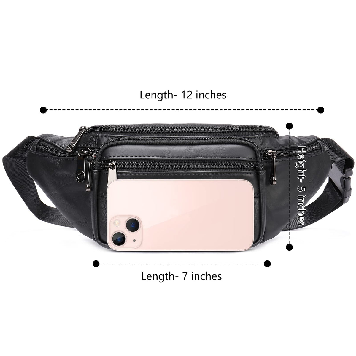 Genuine Leather Fanny Pack HandMade Durable cowhide Waist Bag Lots of Anti-theft zipper pocket Black