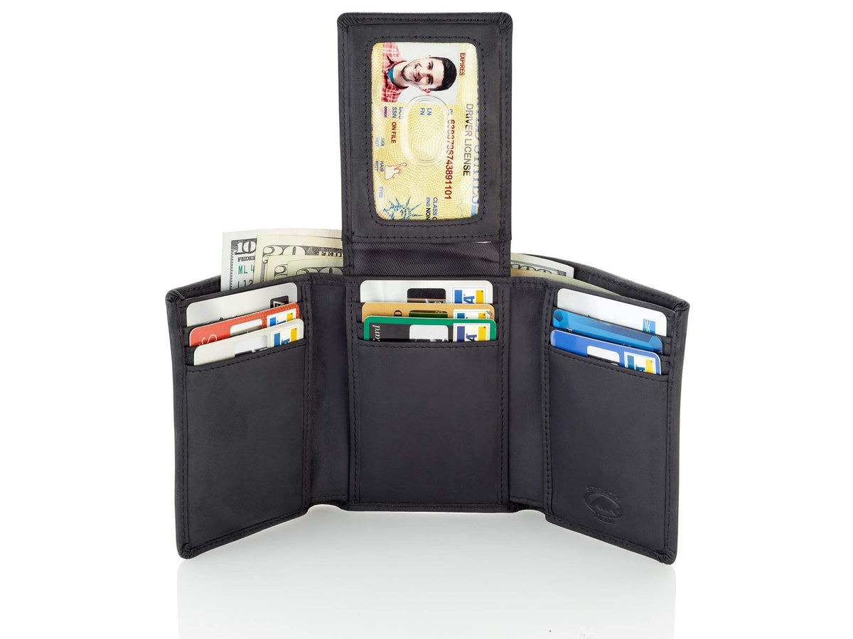Stealth Mode Trifold Leather Wallet for Men with ID Holder and RFID Blocking (Black)