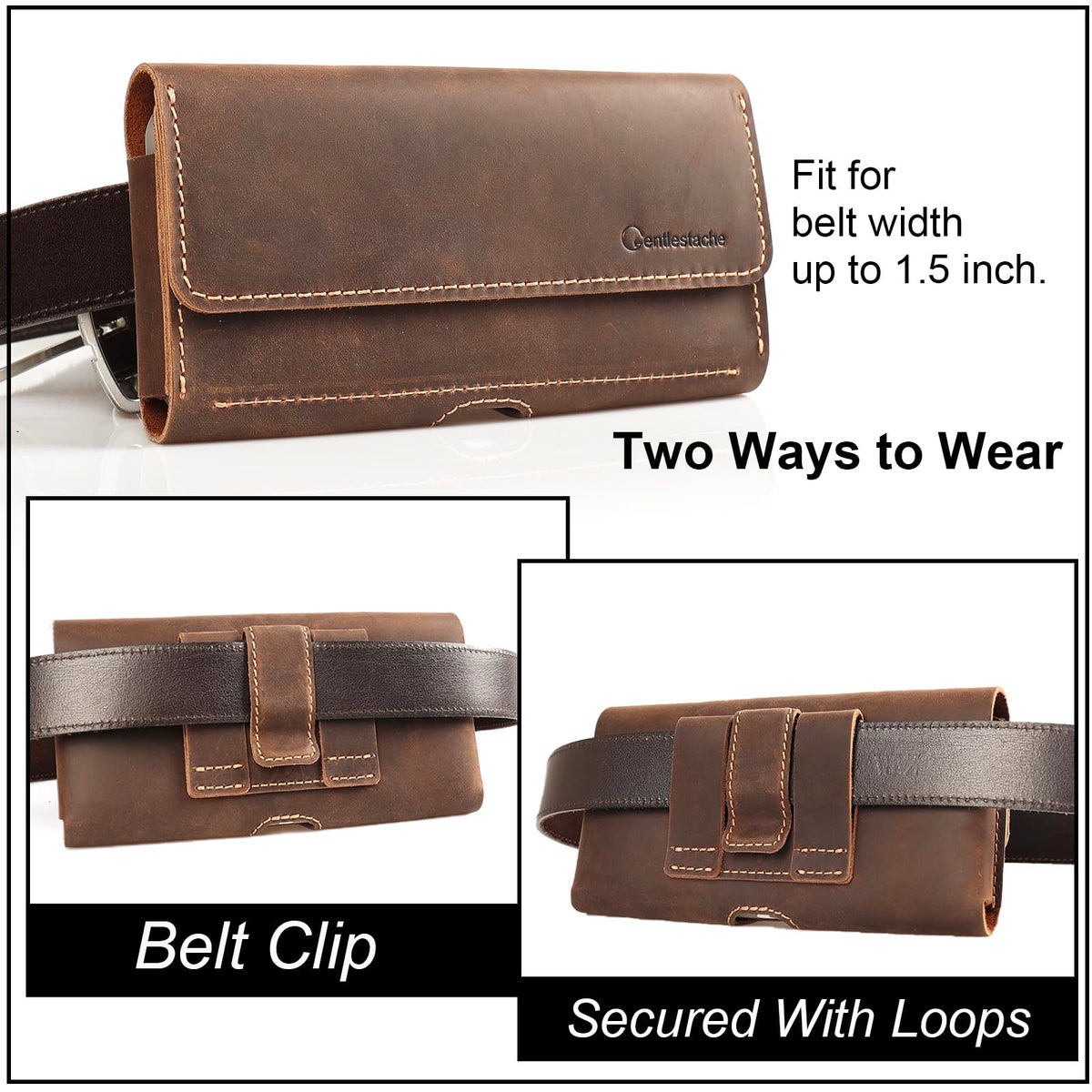 Gentlestache Leather Phone Holster for iPhone 15 Pro Max & Galaxy S24 Ultra - Two Pocket Phone Pouch with Thick Case, Dark Brown