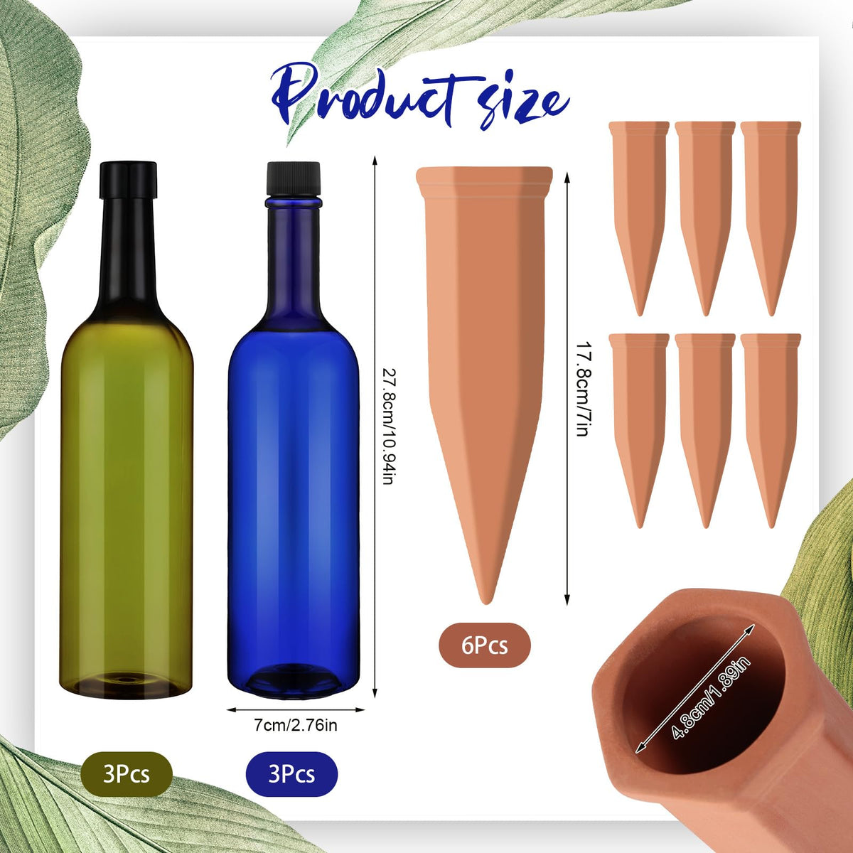 SiliFine 6 Sets Plant Watering Devices Include Terracotta Self Watering Spikes and 26 oz Plastic Bottles, Slow Release Vacation Insert Automatic Plant Waterer Device (Blue Green and Terracotta)