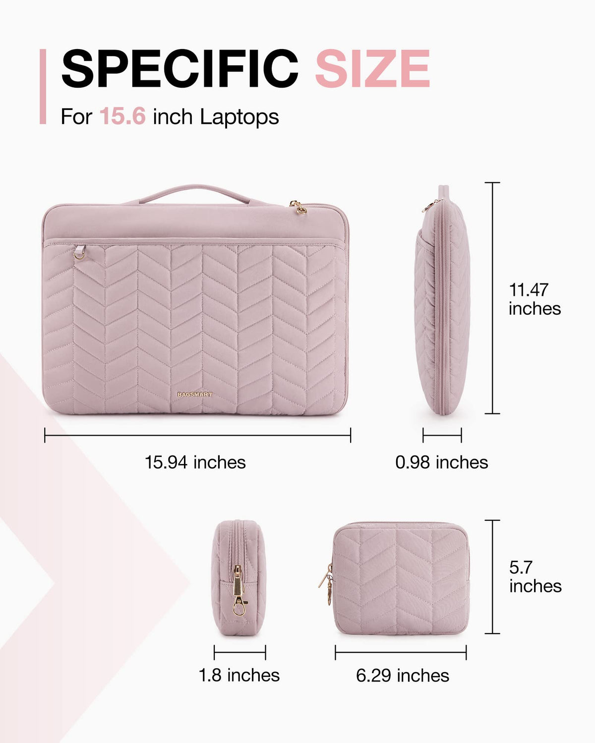 BAGSMART Laptop Case with Handle, Puffy Padded Laptop Bag Sleeve for Women, Portable MacBook Air/Pro Computer Case, 15-16 inch, Pink