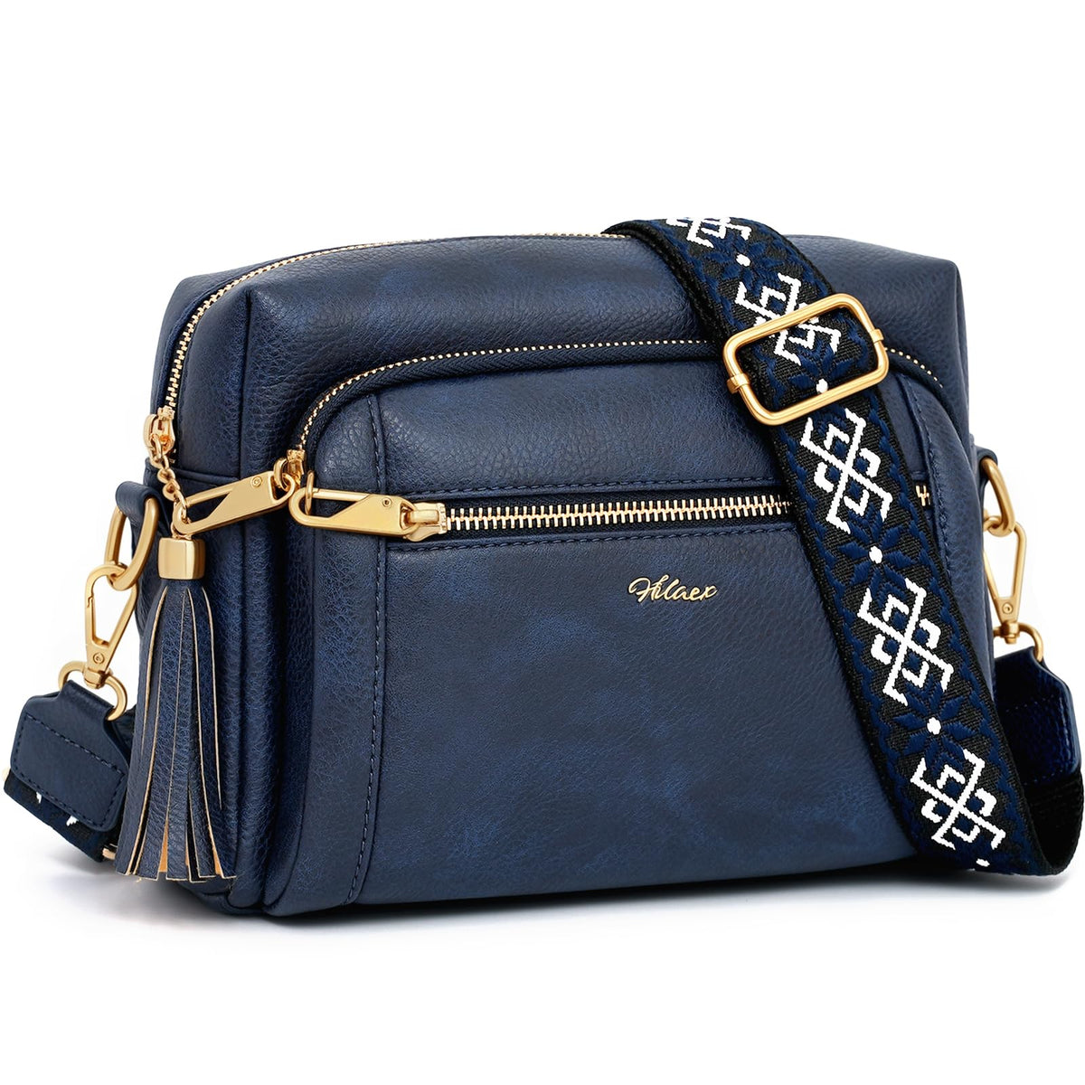 HILAEX Small Leather Crossbody Bags for Women Anti theft Purses and Handbag Shoulder Hangbag with Wide Strap Tassel Navy Blue