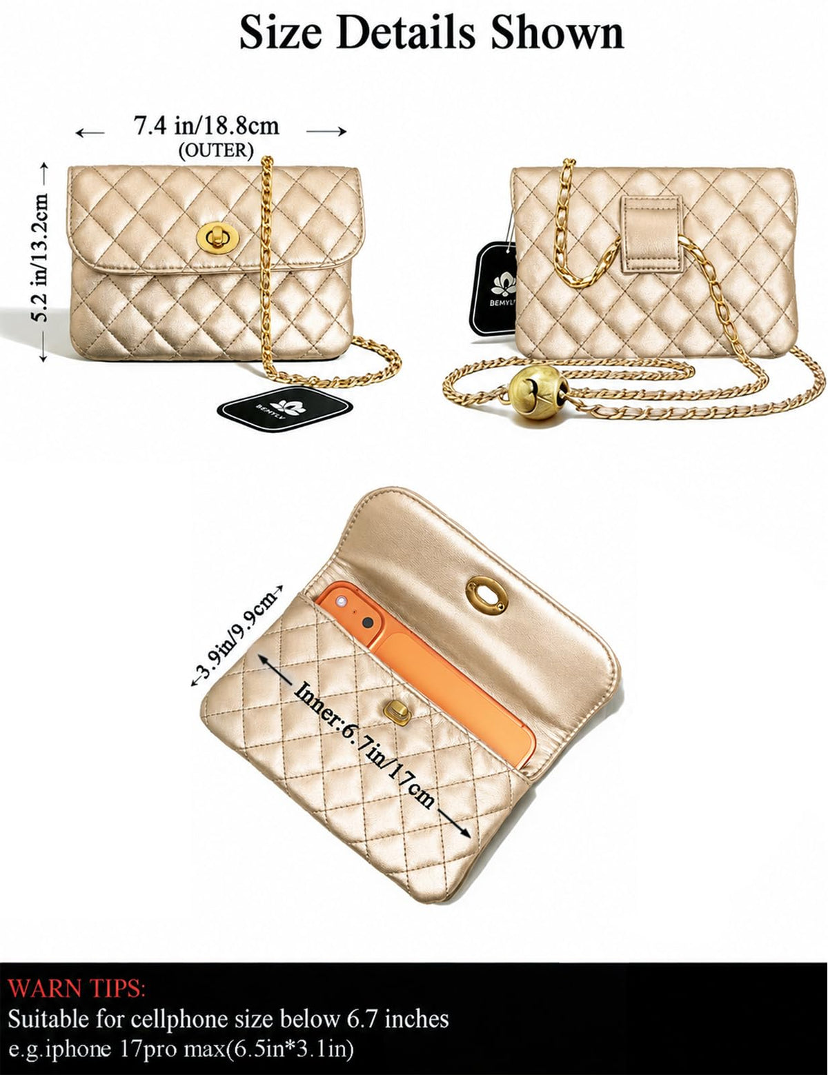 BEMYLV Leather Chain Belt Bag for Women Gold Crossbody Phone Purse Adjustable Fanny Pack Fashion Waist Purse Evening Clutch Detachable Mini Handbag