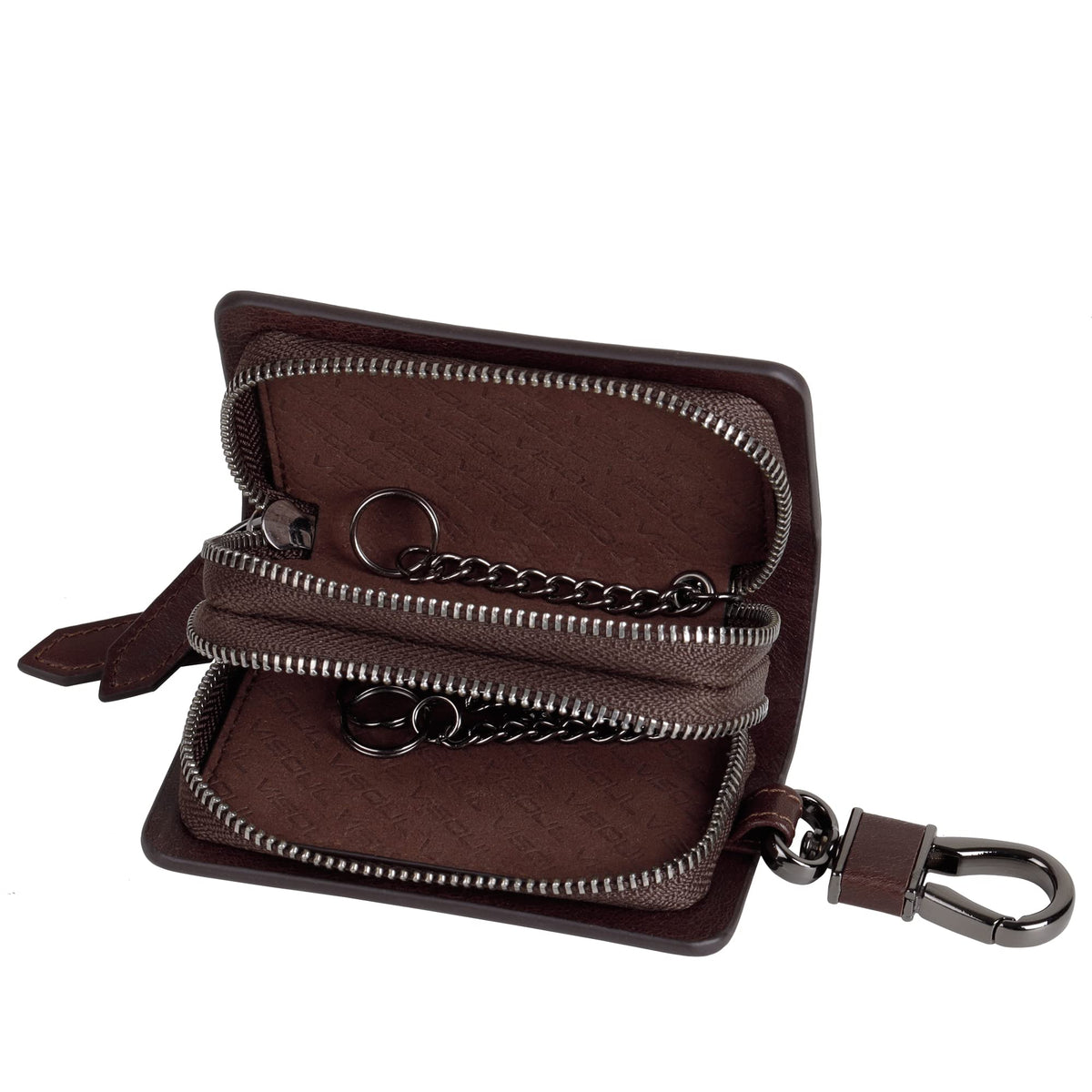 VISOUL Car Key Case Holder Double Zipper, Leather Car Smart Key Fob Case with Keychain for Men and Women-Coffee