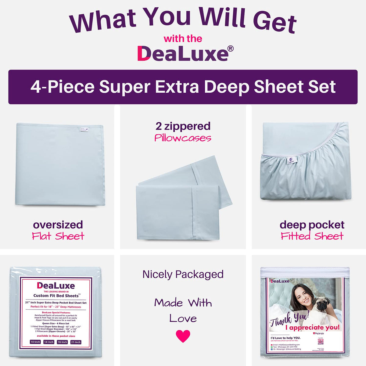Extra Deep Pocket King Bed-Sheets – 4-Piece Includes: 18”-21” Inch Super Extra Deep Pocket Fitted Sheet – Oversize Flat Sheet – 2 Zipper Closure Pillowcases – Perfectly Fit – King Size – Light Blue