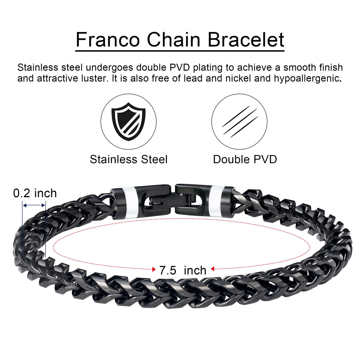 GTMJ 316L Stainless Steel Black Franco Chain Bracelet for men 7.5 Inches