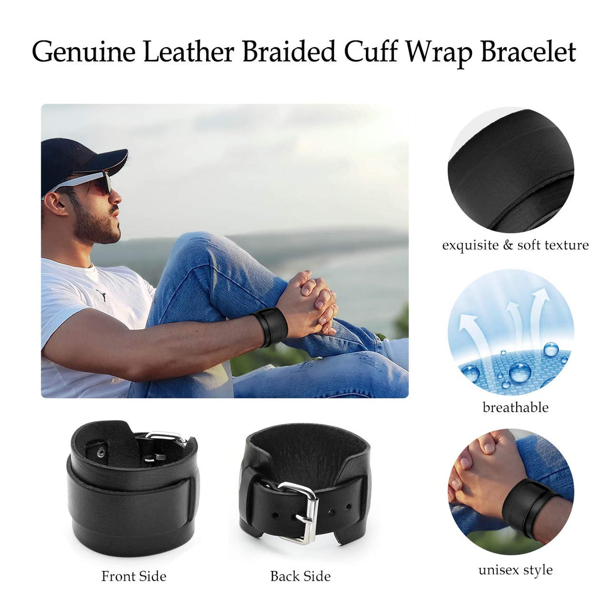 Jovivi Punk Men Women Black Brown Wide Genuine Leather Wrap Cuff Bangle Bracelet Belts Wistband, Adjustable 7.2"-9"