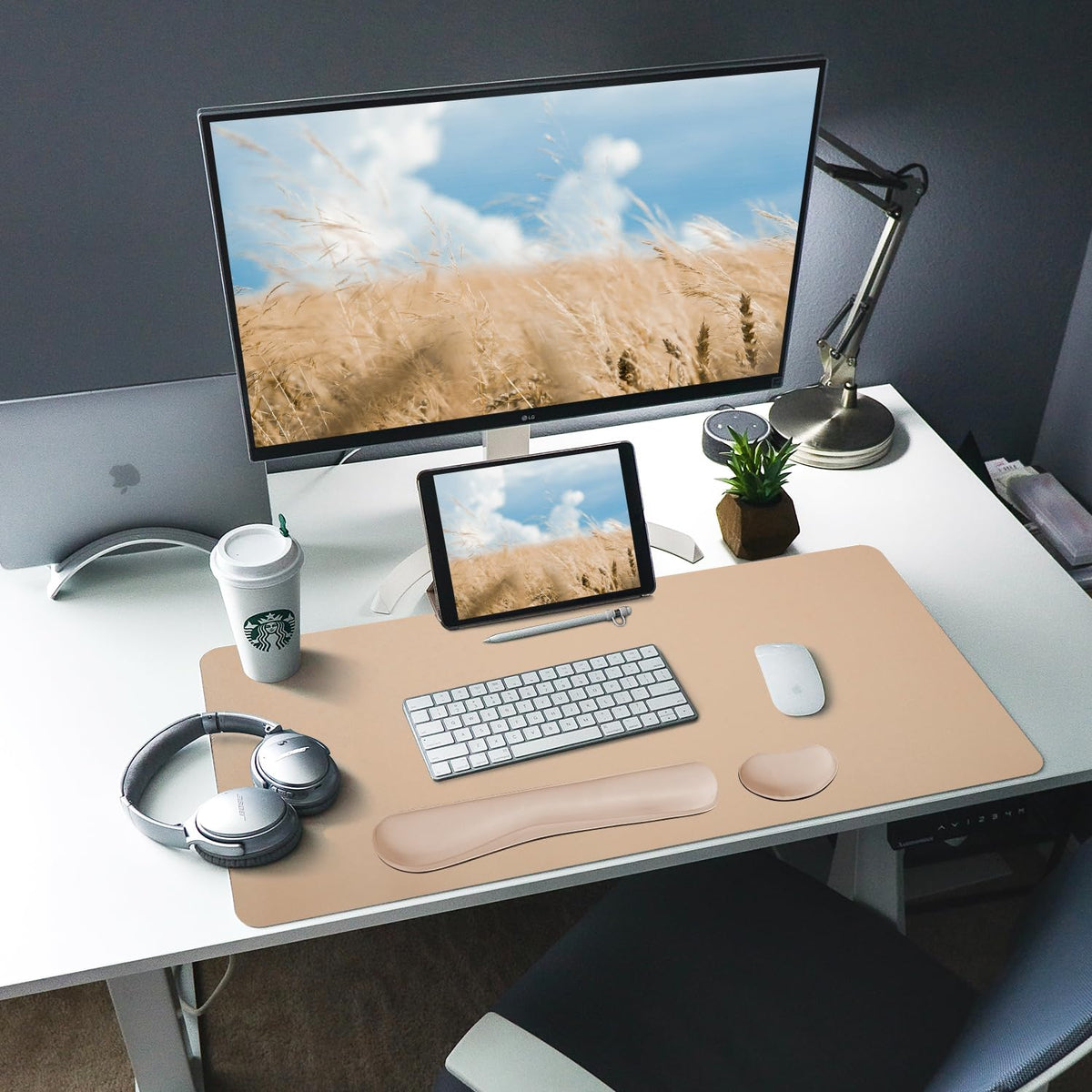 Bloss Leather Desk Pad and Keyboard Wrist Rest, Large Mouse Pad + Keyboard Pad+Mouse Wrist Support, Non-Slip Desk Mat Protector for Office, Home(31.5×15.7 Inches,Beige)