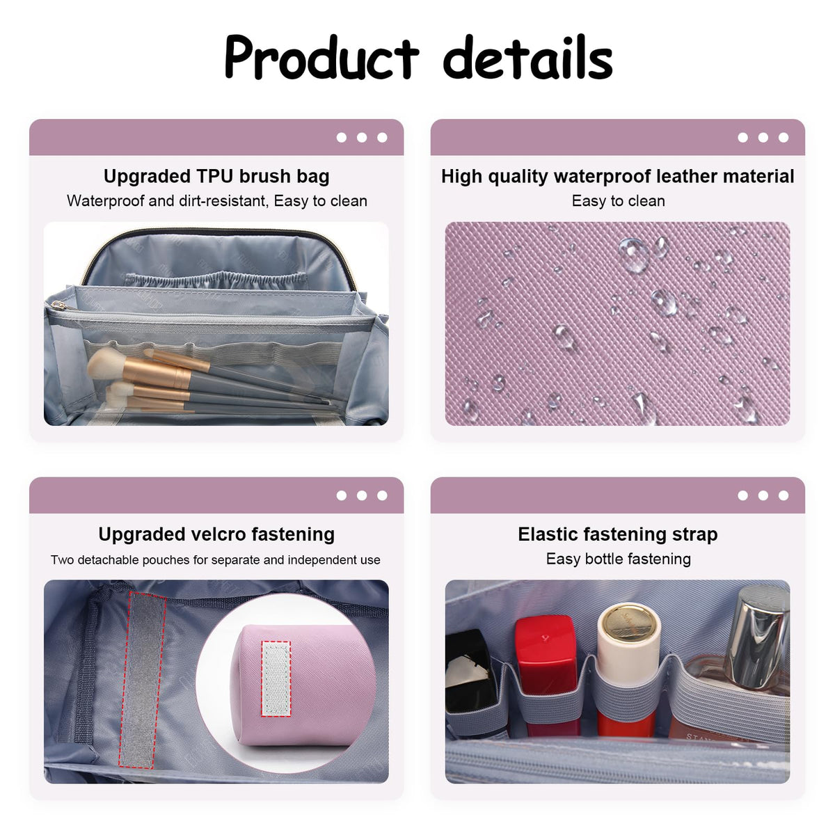 BOYATU Travel Makeup Bag Organizer Cosmetic Bag: 3 Pcs Set Make up Bags for Women with Handle - Waterproof Vegan Leather Toiletry Bags Travel Essentials Pouch with Compartments (C-06-Purple)