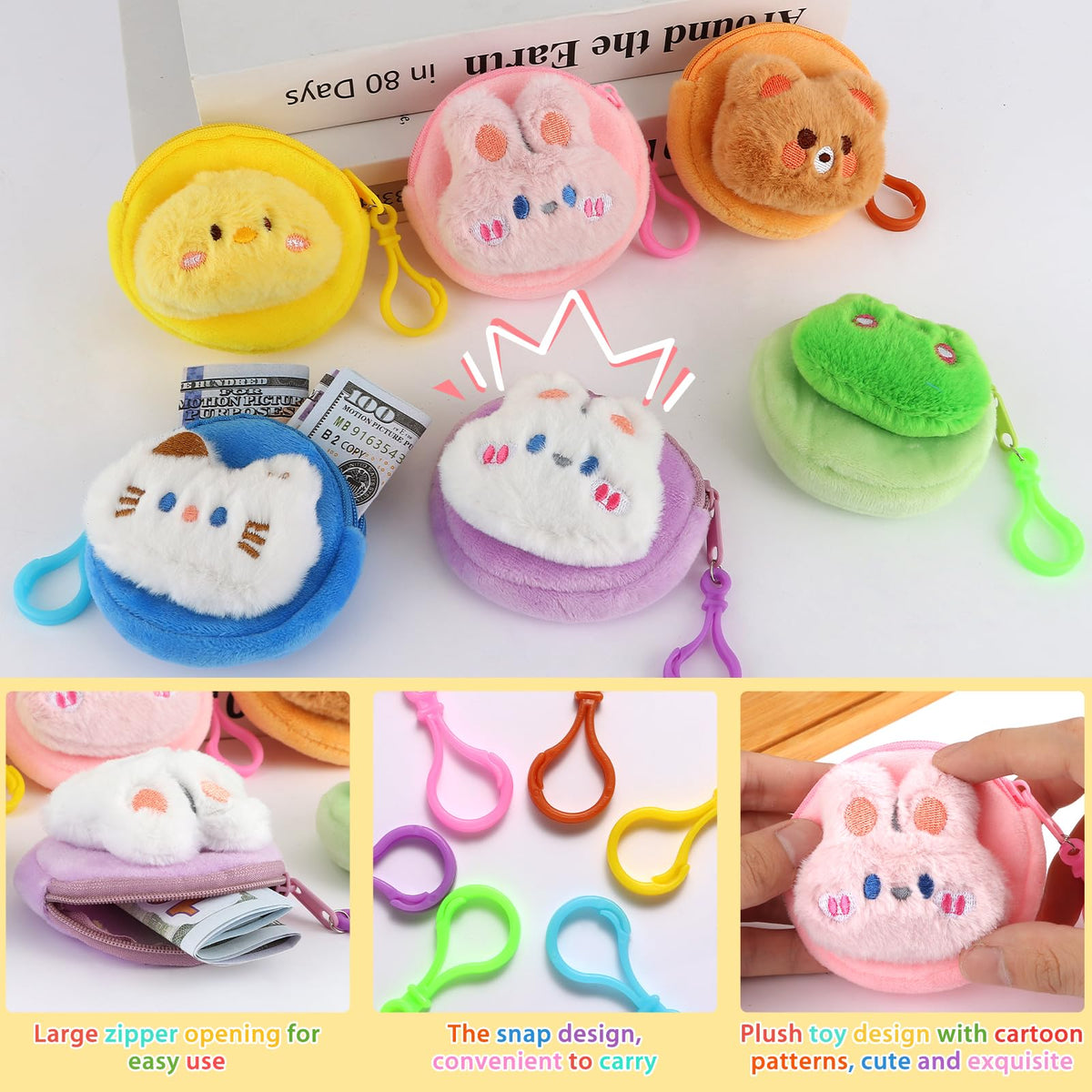 24 Pcs Cute Coin Purse for Women, Kawaii Plush Coin Pouch, Mini Wallet with Zipper Keychain, Small Change Purse for Women on Back to School Halloween Christmas Exchange Gifts