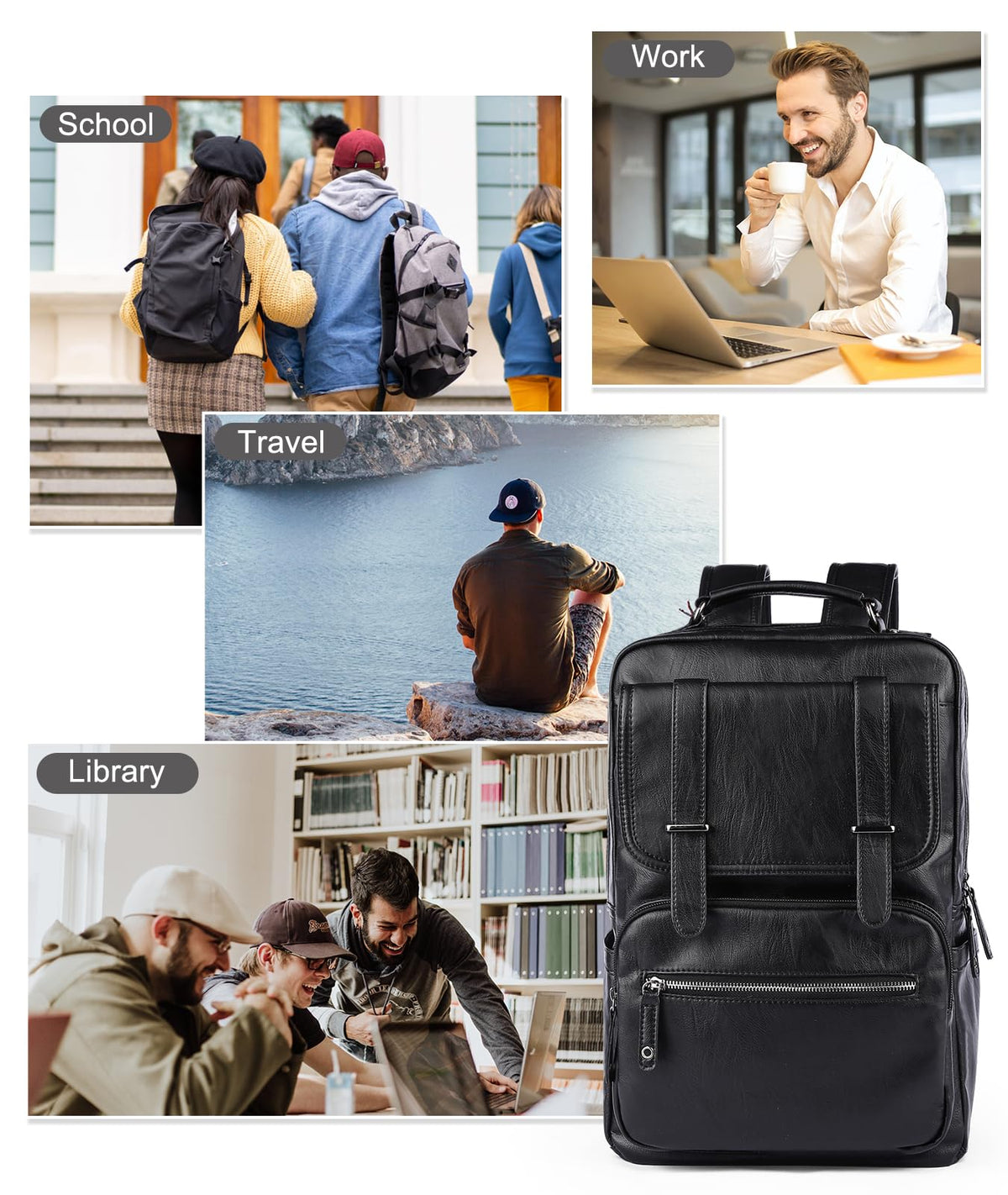 MOYYI Black Leather Backpack for Men Waterproof Fit 15.6 inch Laptop Backpack Work Commute Casual Daypack