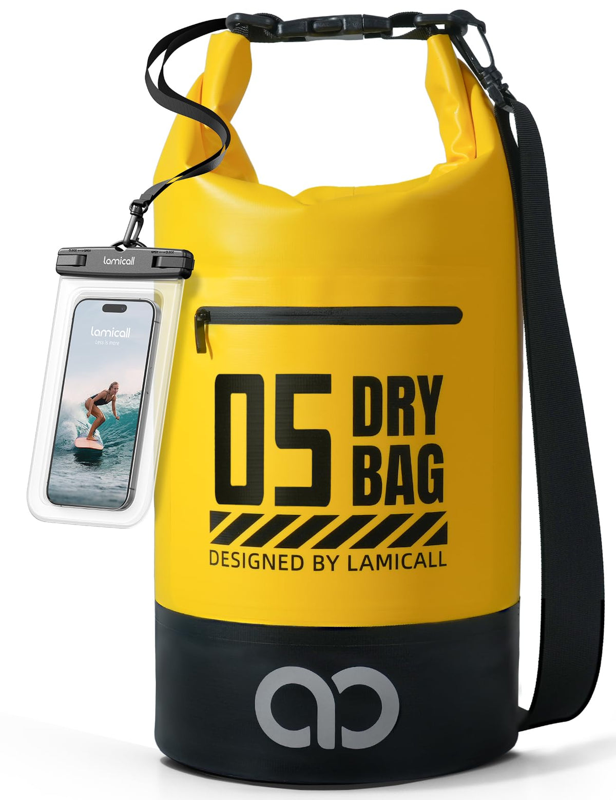 Lamicall Waterproof Dry Bag with Phone Pouch - 5L/10L/20L/30L/40L Floating Roll Top Backpack for Kayaking Boating Beach Camping Fishing - Heavy Duty 500D PVC Marine Dry Sack for Men,Women, Yellow 5L