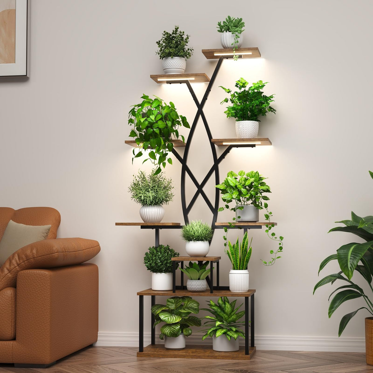 DongRong Plant Stand Indoor with Grow Lights - 9 Tiered 66" Tall Metal Plant Shelf, Curved Plant Stand with Adjustable Feets for Multiple Plants, Corner Flower Shelf for Living Room, Patio