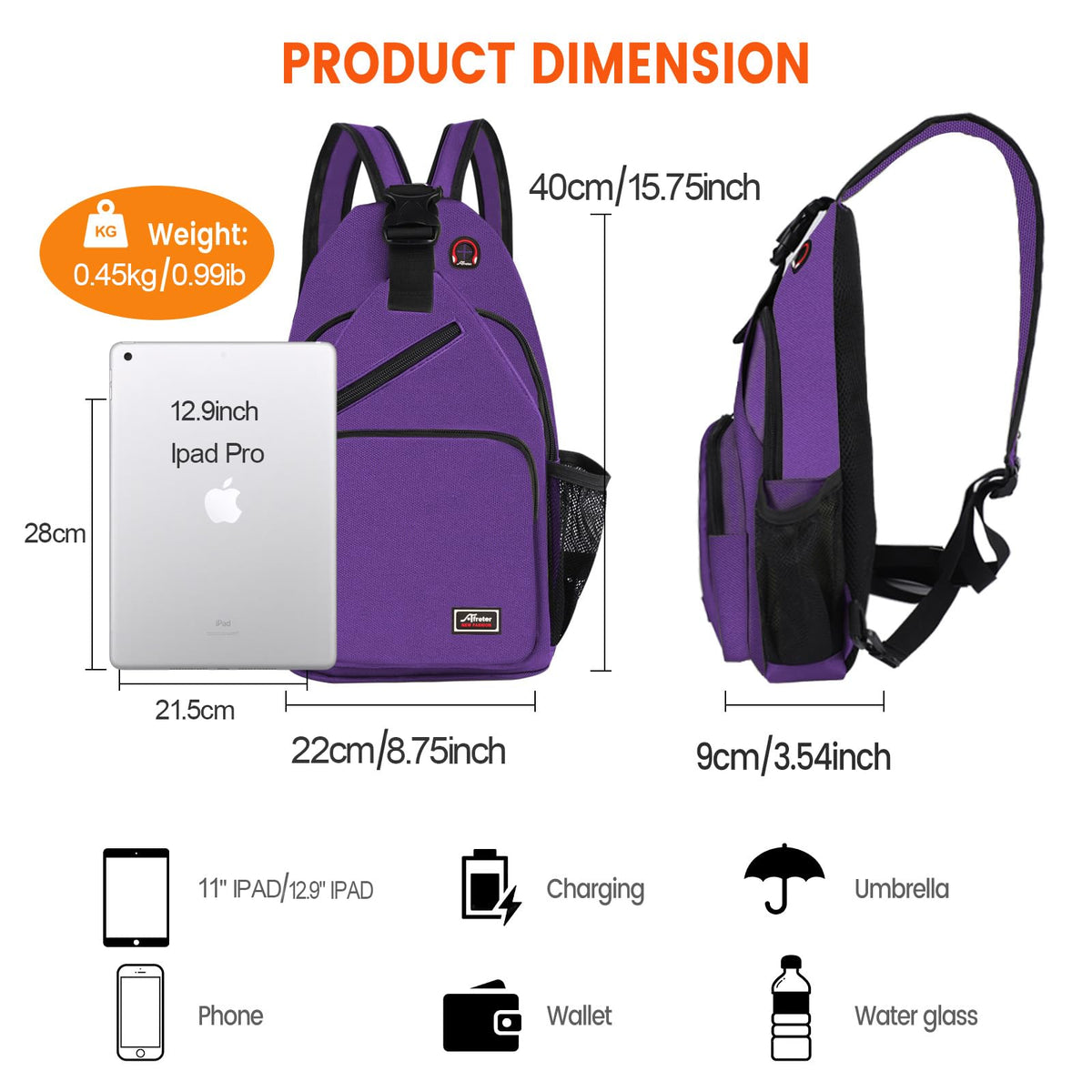 Afreter Crossbody Sling Backpack Men and Women Sling Bag Shoulder Backpack Travel Hiking Chest Bag Daypack (Purple)