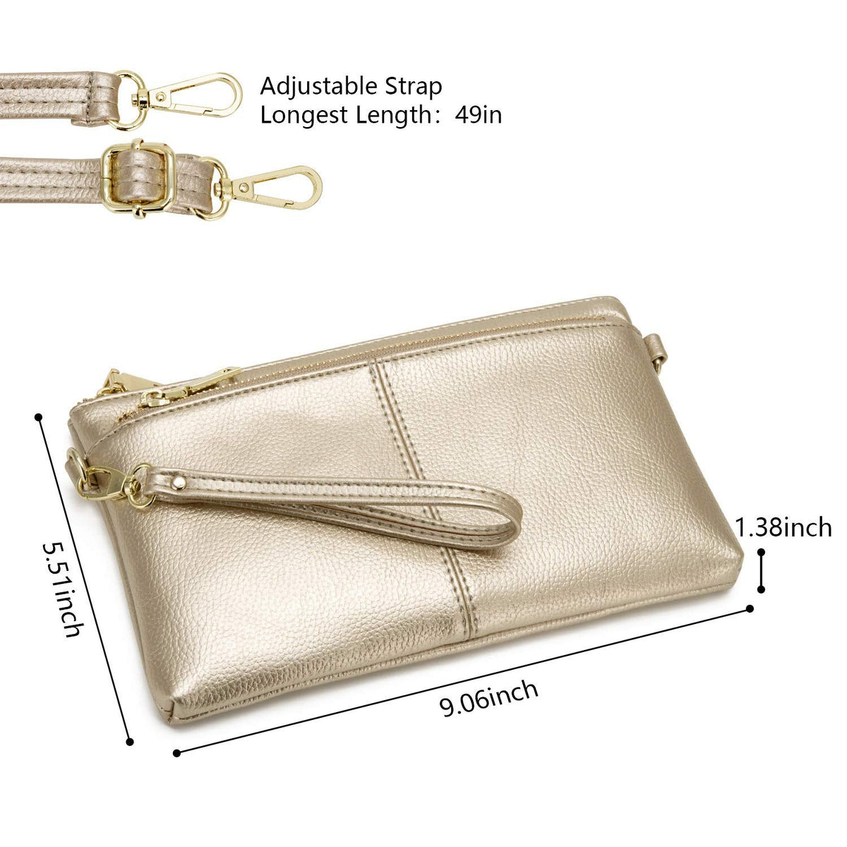 ZOOEASS Triple Zip Small Crossbody Bag Lightweight Purses Vegan Leather Wristlet Clutch, Includes Adjustable Shoulder (Gold)