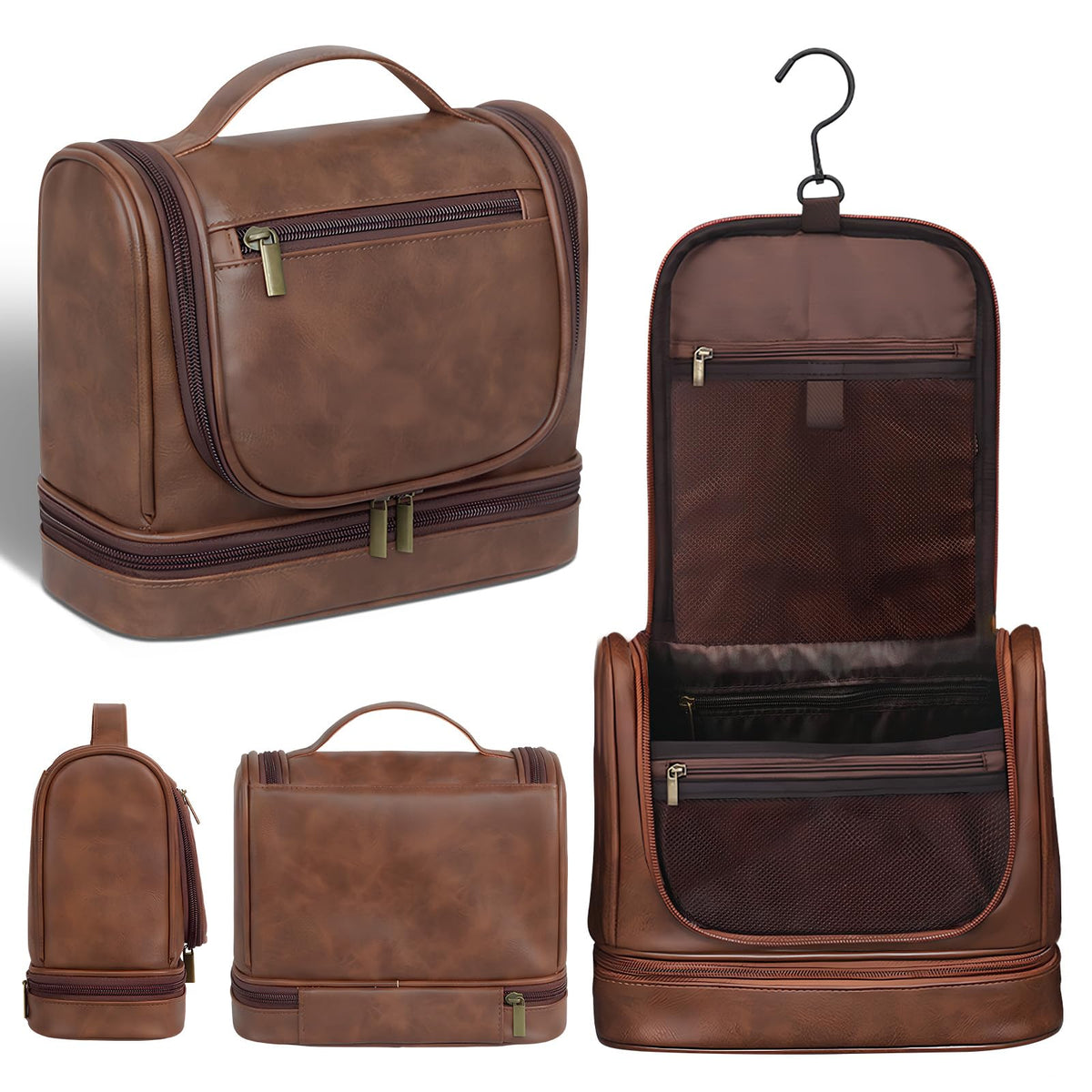 hanvate Travel Toiletry Bag For Men and Women, Leather Hanging Toiletry Organizer, Waterproof with Separate Compartments, Travel Kit for Gym Camping and Mens Gift (Dark Brown)