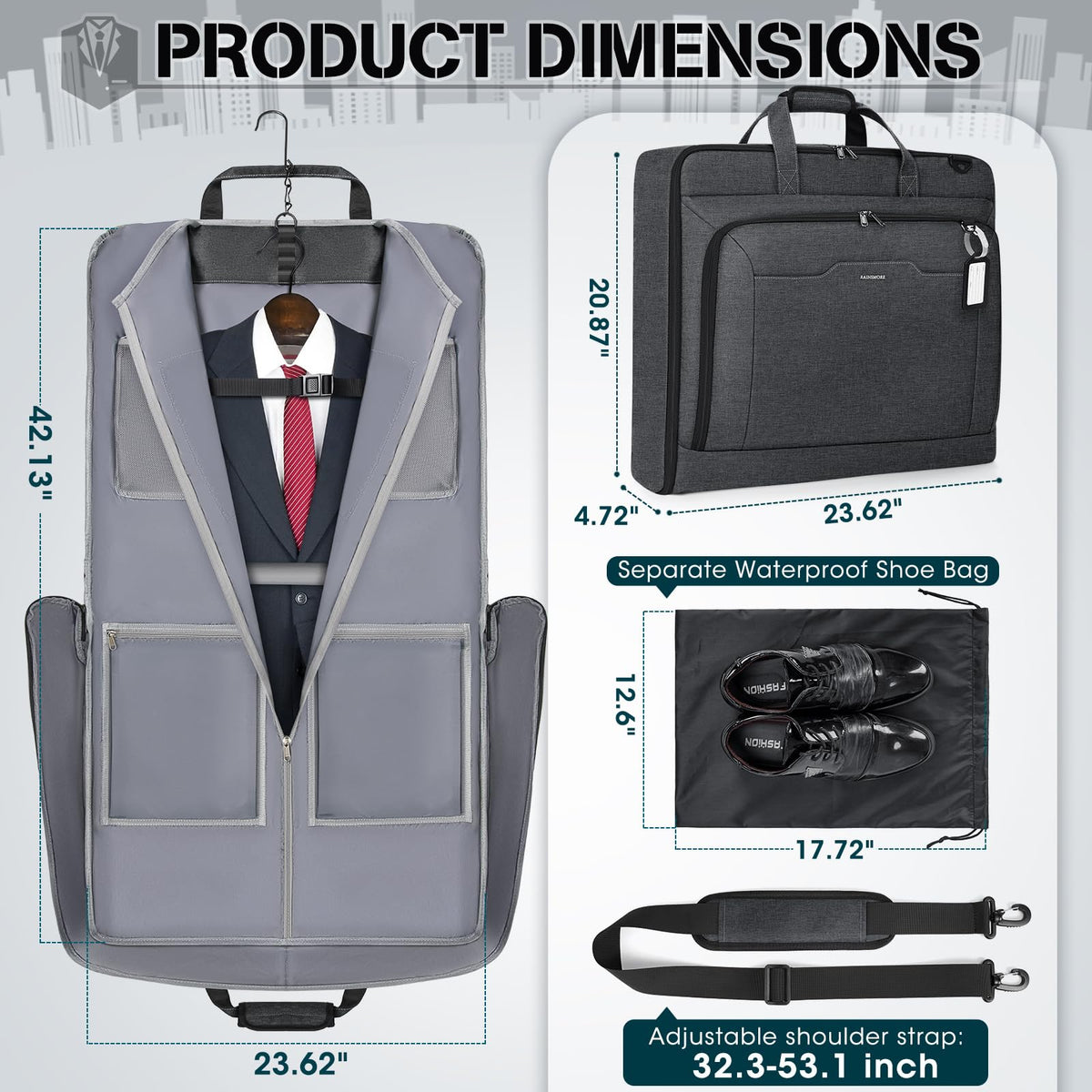 RAINSMORE Garment Bags for Travel Carry On Garment Bag for Hanging Clothes, Suit Bag for Business Trips with Shoes bag & Shoulder Strap, Waterproof Foldable Suit Luggage Bag for Men Women, Gray