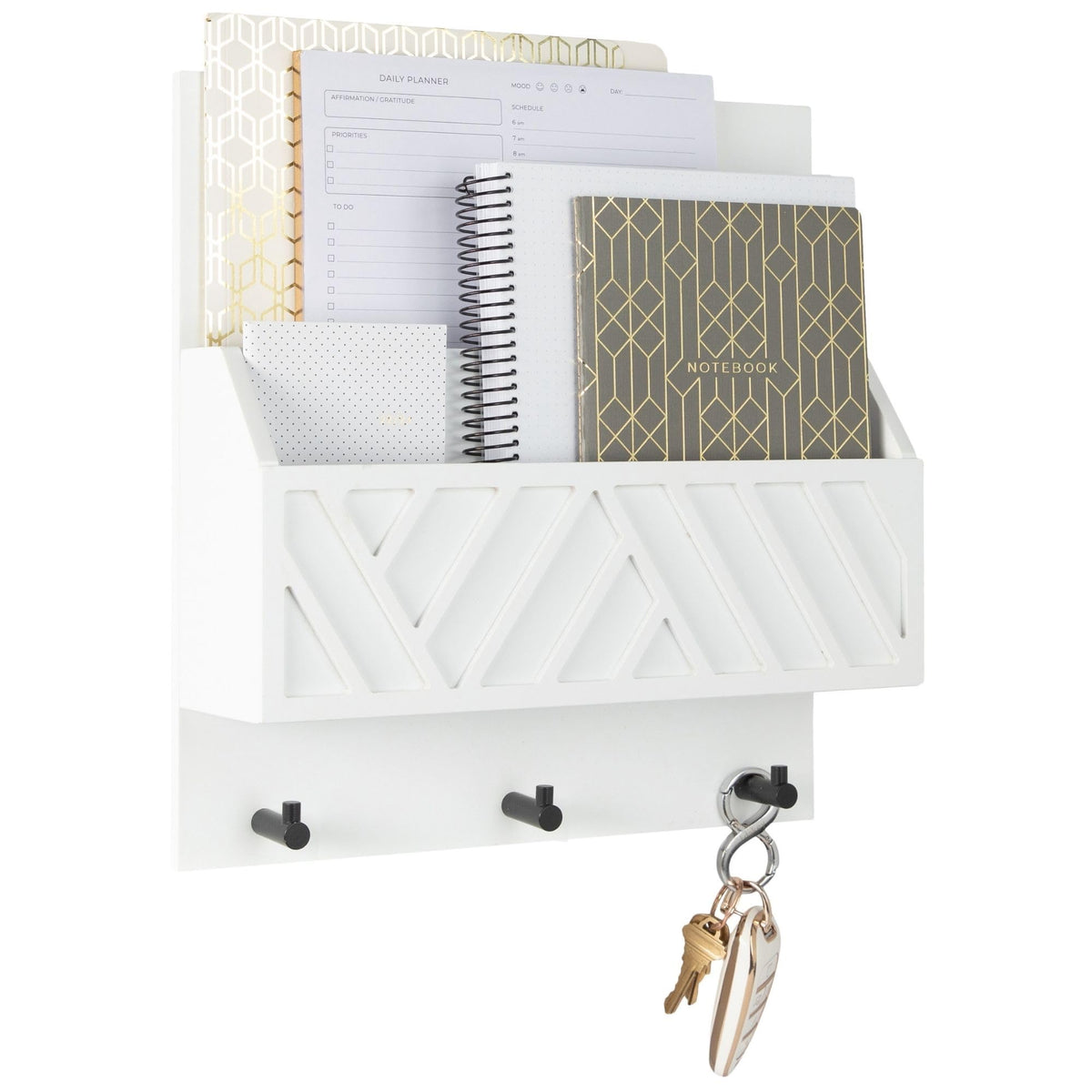BLU MONACO | Wall Mount Key Holder with Mail Organizer | Wooden Command Center with 3 Hooks and 2-Tier Letter Pockets | Entryway Mail Sorter & Key Rack | White Geometric Wall Organizer for Office Home